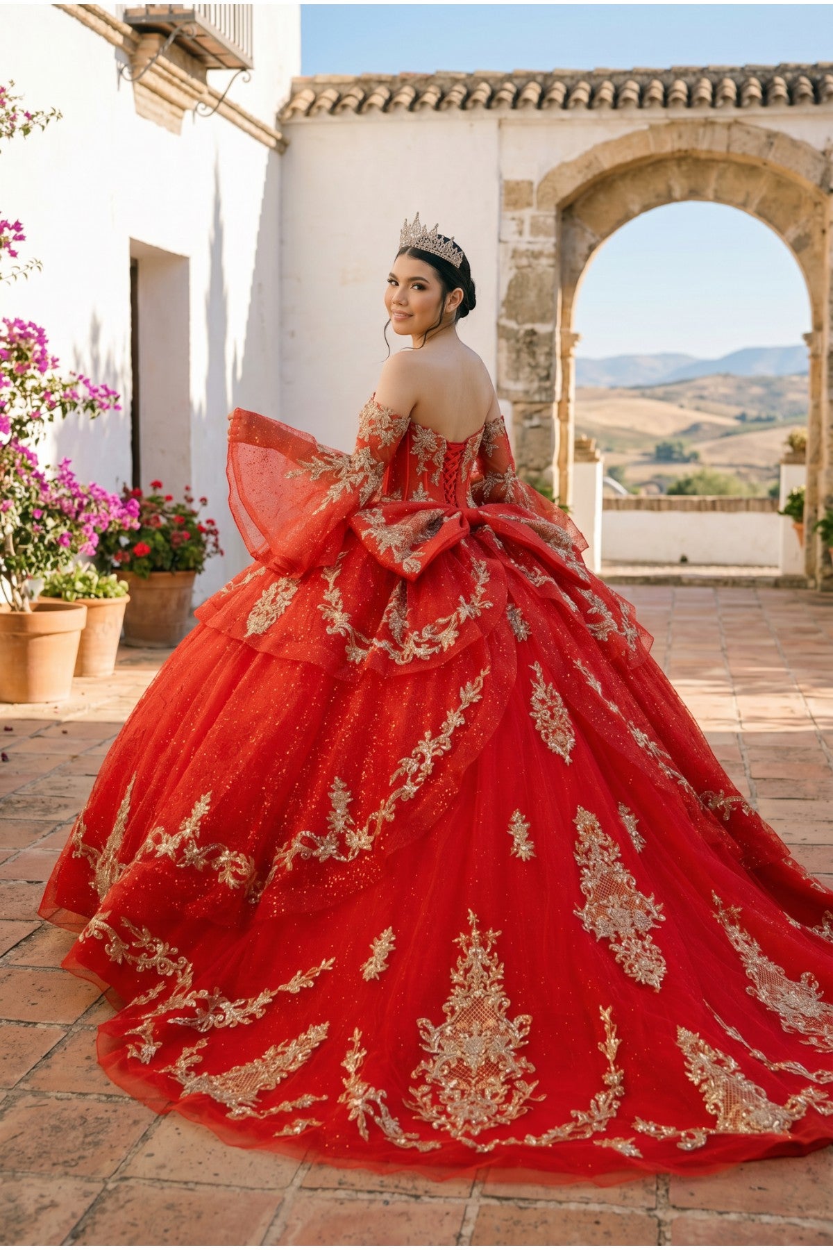 Off-the-Shoulder Floor-Length with Train Tulle Quinceañera Ball Gown Cinderella Couture 8575JQ