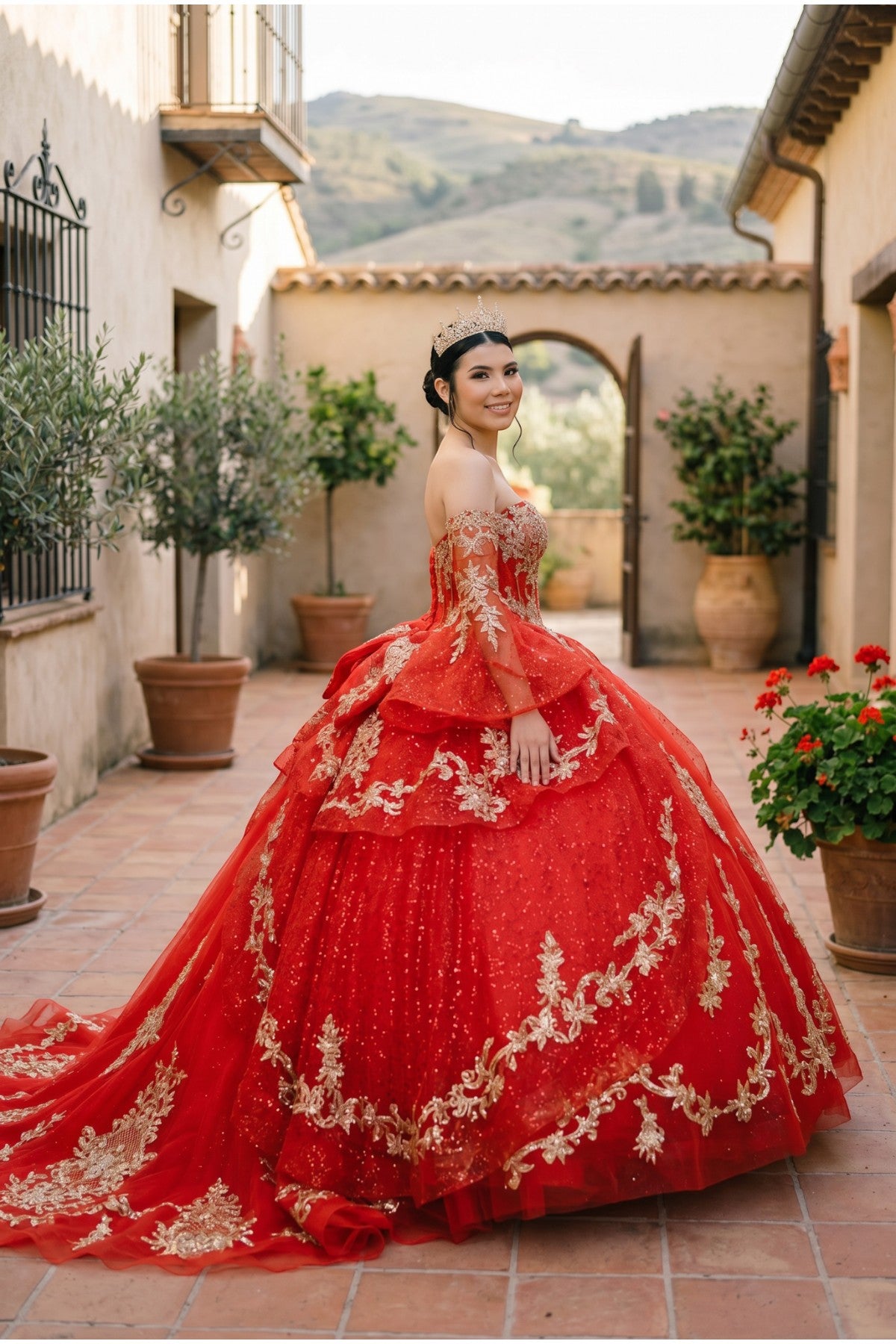 Off-the-Shoulder Floor-Length with Train Tulle Quinceañera Ball Gown Cinderella Couture 8575JQ