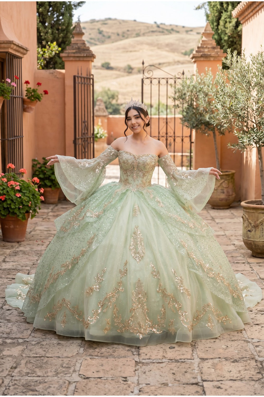 Off-the-Shoulder Floor-Length with Train Tulle Quinceañera Ball Gown Cinderella Couture 8575JQ