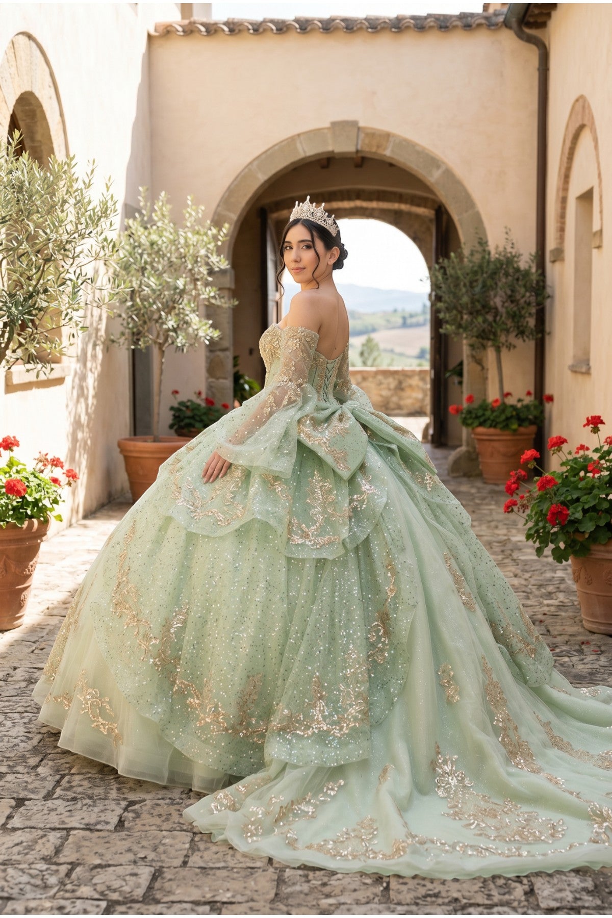 Off-the-Shoulder Floor-Length with Train Tulle Quinceañera Ball Gown Cinderella Couture 8575JQ