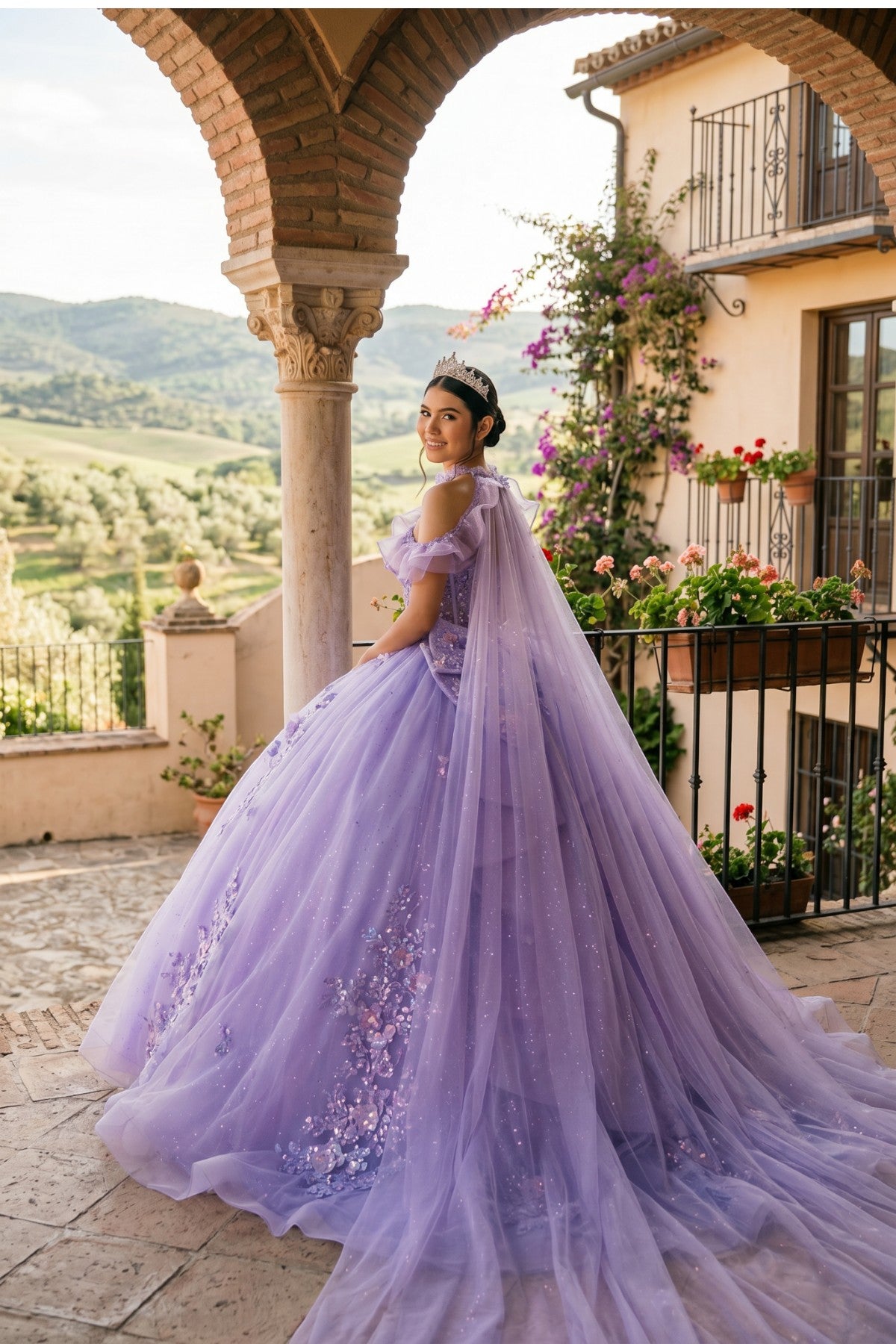 Off-the-Shoulder Floor-Length with Train Tulle Quinceañera Ball Gown Cinderella Couture 8585JQ