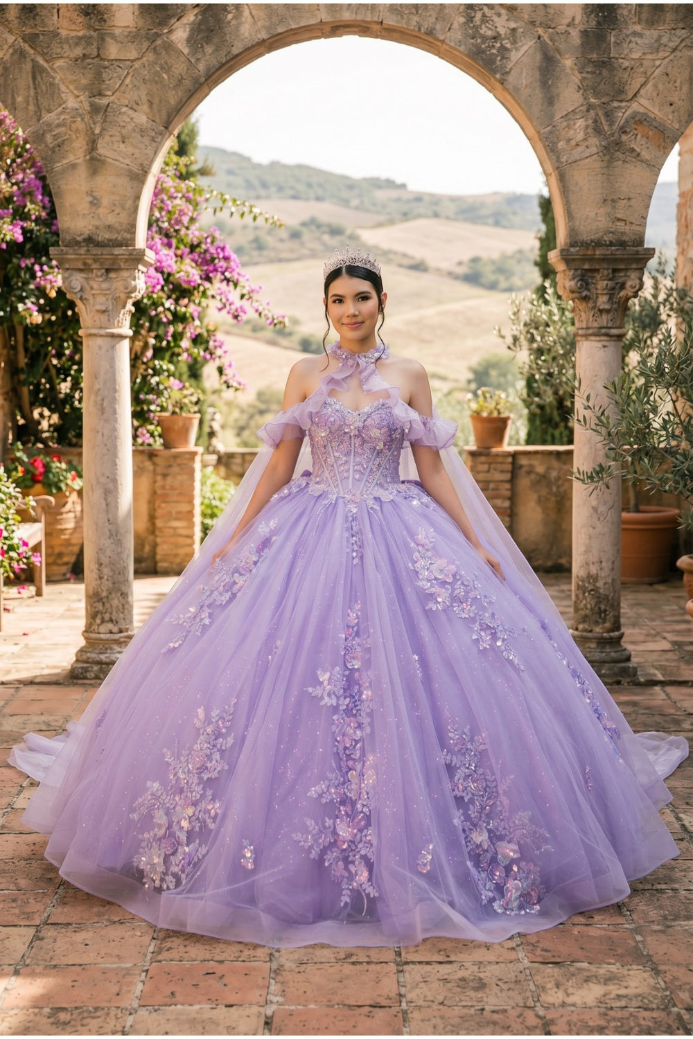 Off-the-Shoulder Floor-Length with Train Tulle Quinceañera Ball Gown Cinderella Couture 8585JQ