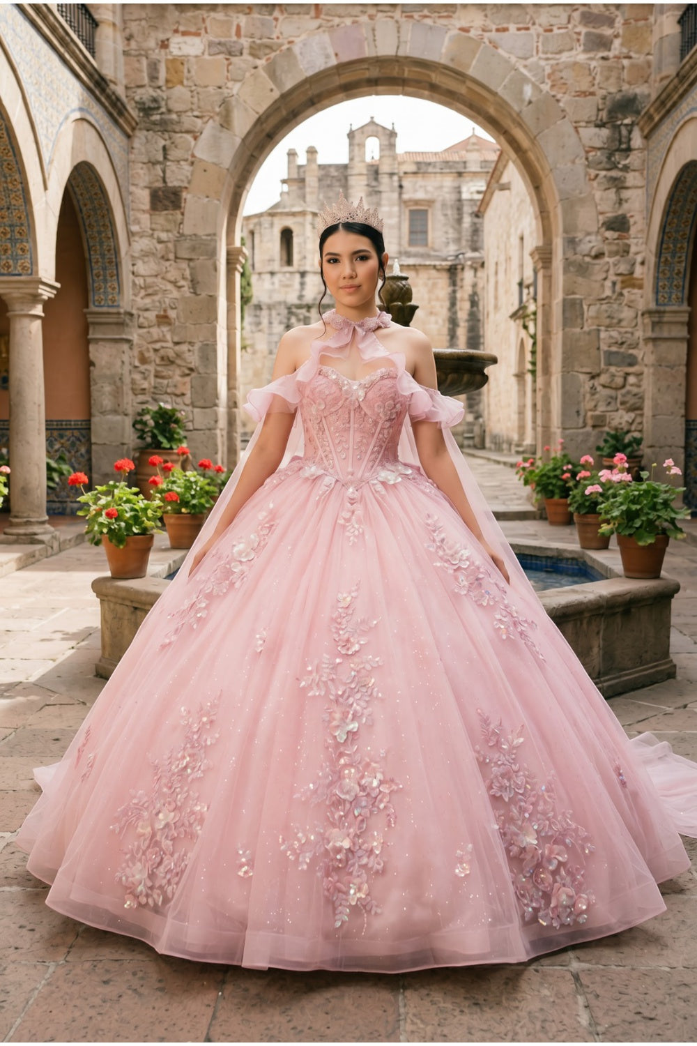 Off-the-Shoulder Floor-Length with Train Tulle Quinceañera Ball Gown Cinderella Couture 8585JQ