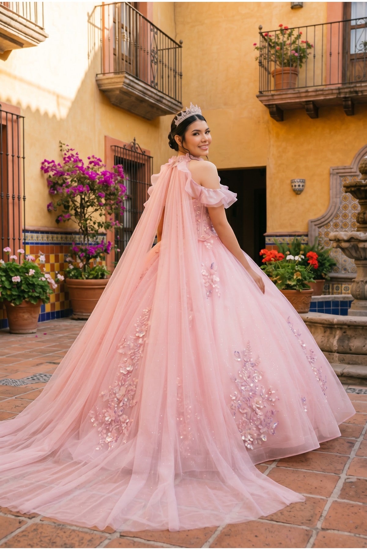 Off-the-Shoulder Floor-Length with Train Tulle Quinceañera Ball Gown Cinderella Couture 8585JQ