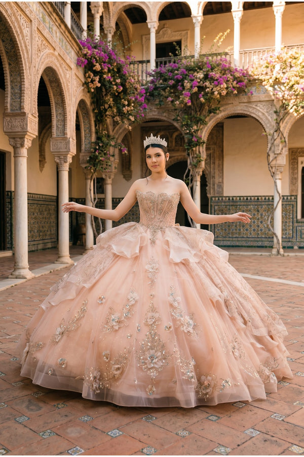 Strapless Curved Neck Floor-Length Tulle Quinceañera Ball Gown Cinderella Couture 8590JQ