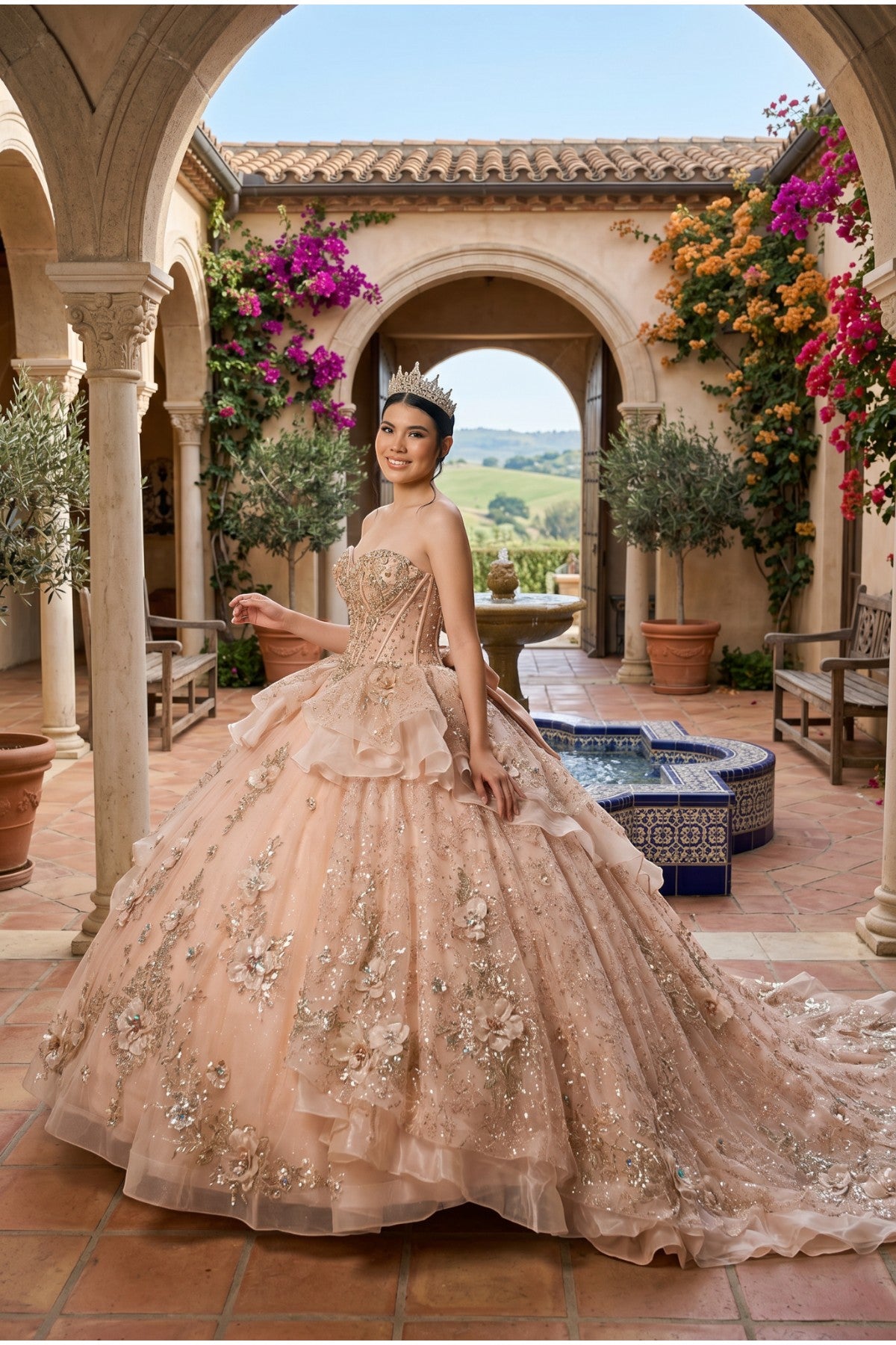 Strapless Curved Neck Floor-Length Tulle Quinceañera Ball Gown Cinderella Couture 8590JQ