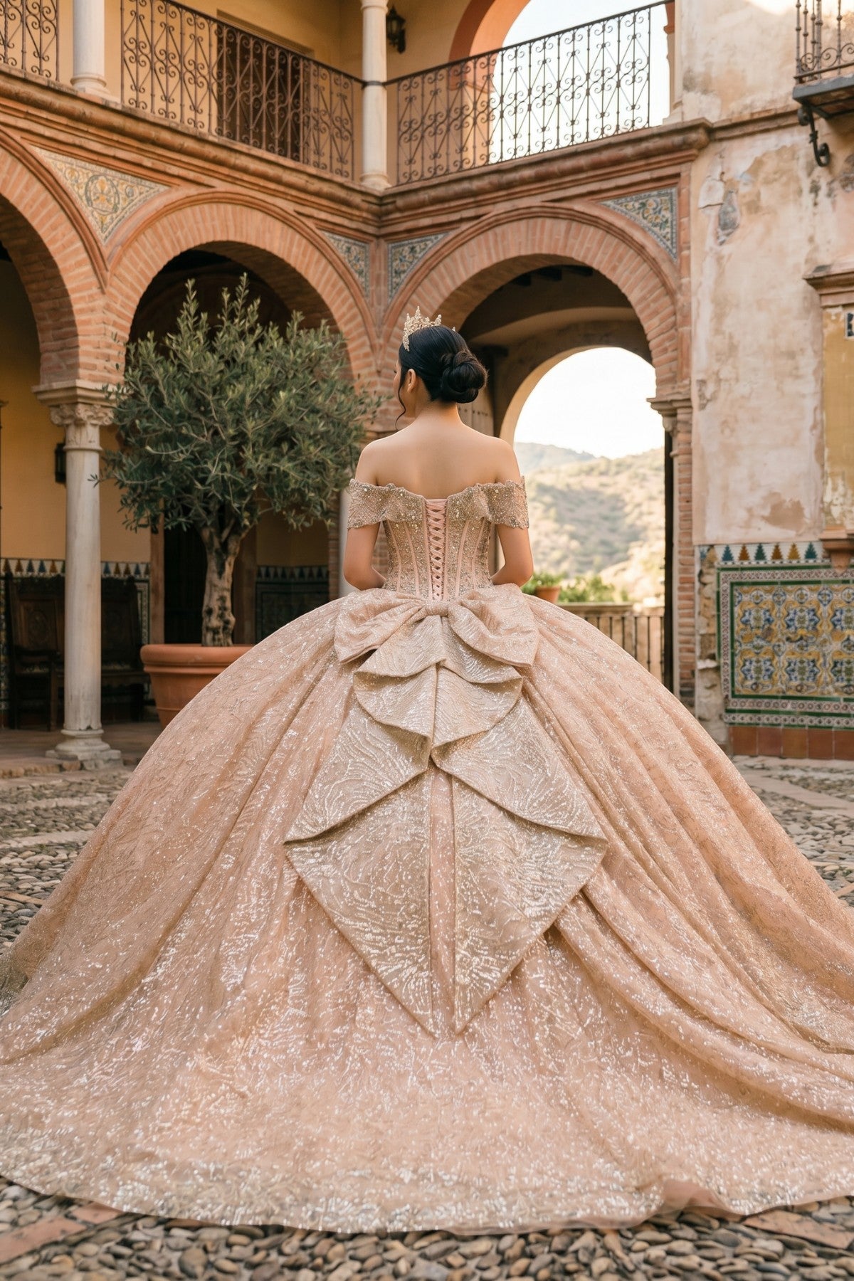 Off-the-Shoulder Floor-Length with Train Tulle Quinceañera Ball Gown Cinderella Couture 8600JQ