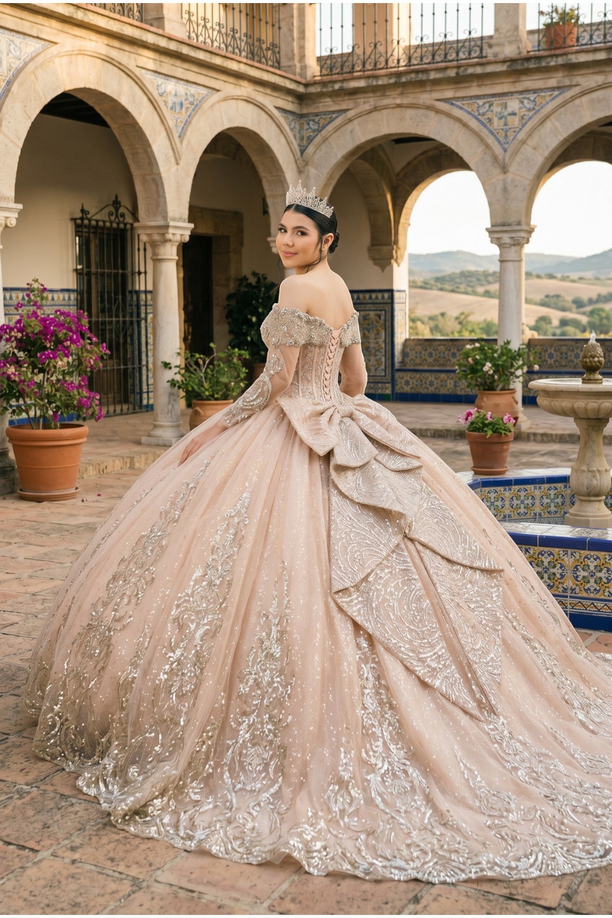 Off-the-Shoulder Floor-Length with Train Tulle Quinceañera Ball Gown Cinderella Couture 8600JQ