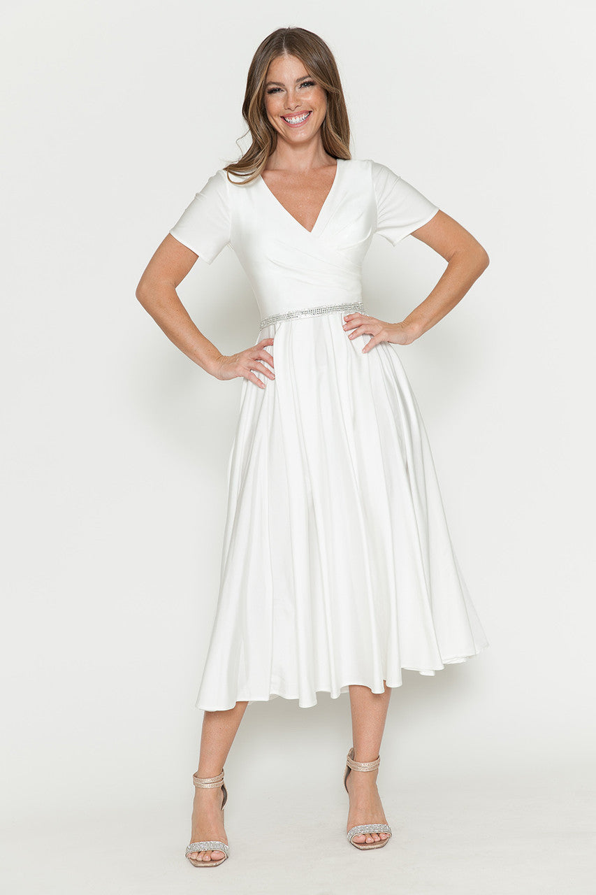 Wedding Dresses Pleated Tea Length Bridal Short Wedding Dress Lenovia 5274 Ivory
