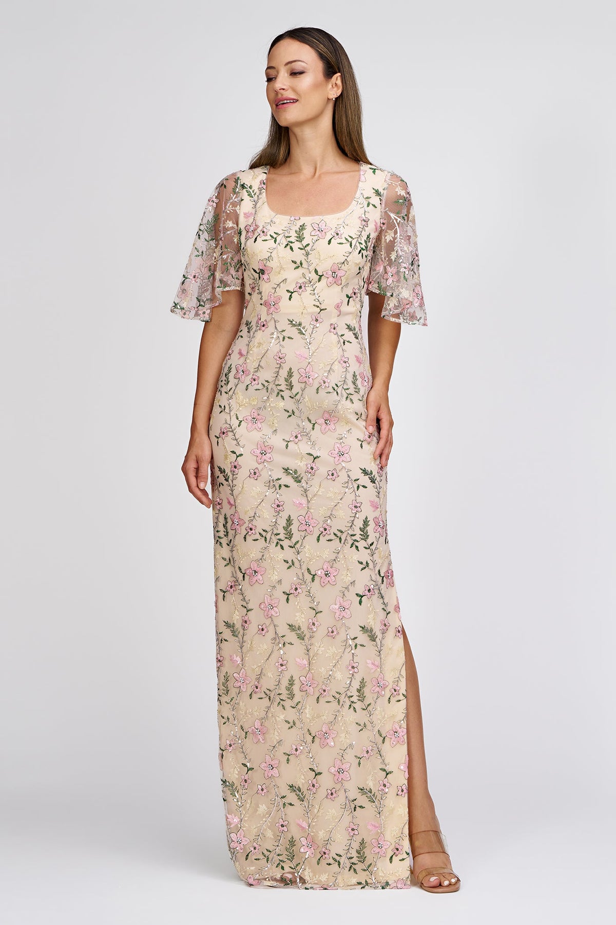 Floral Embroidered Flutter Sleeve Gown JS Collections 86113158