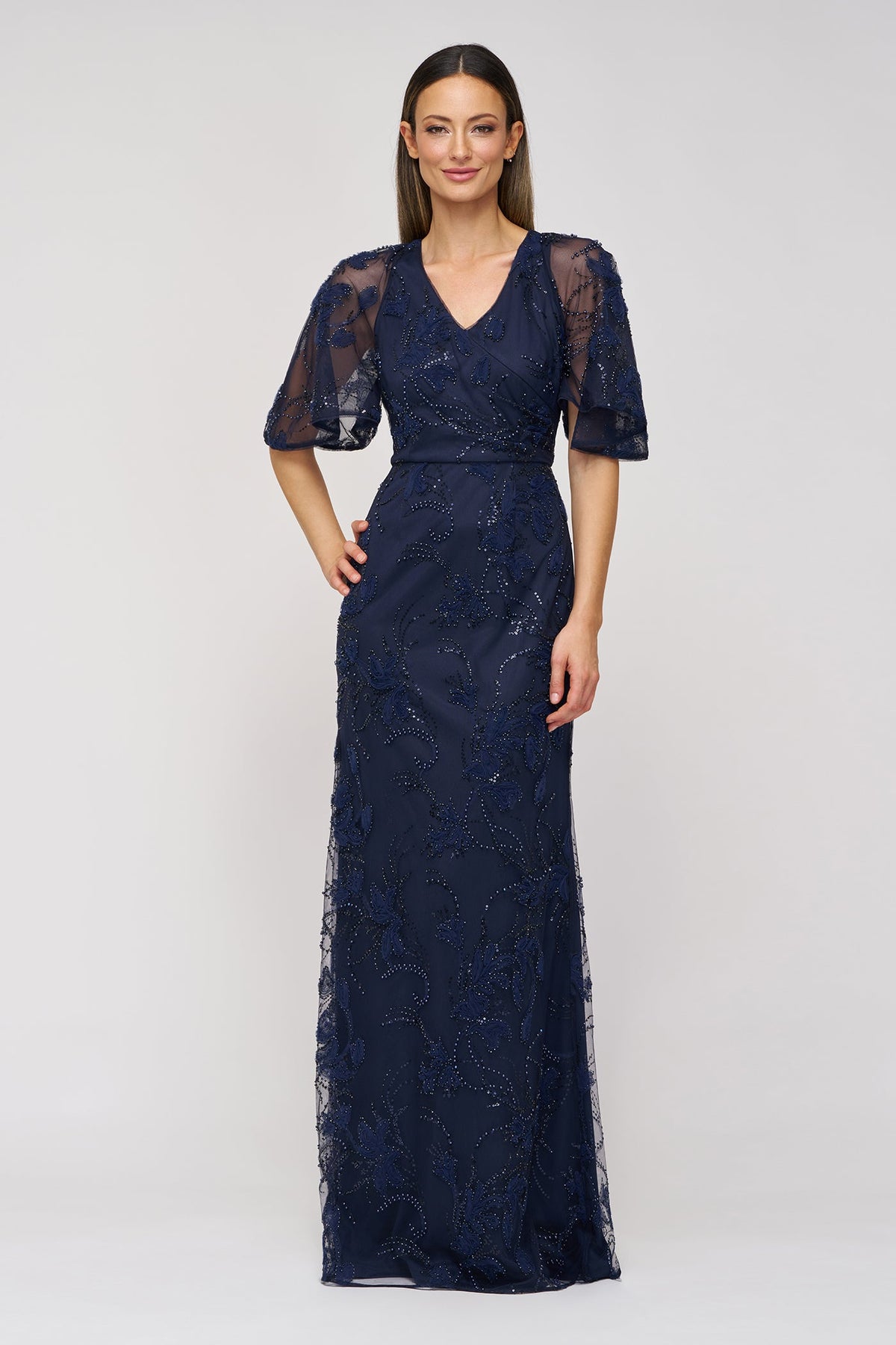 Navy Cape Sleeve Mermaid Gown JS Collections 86113580