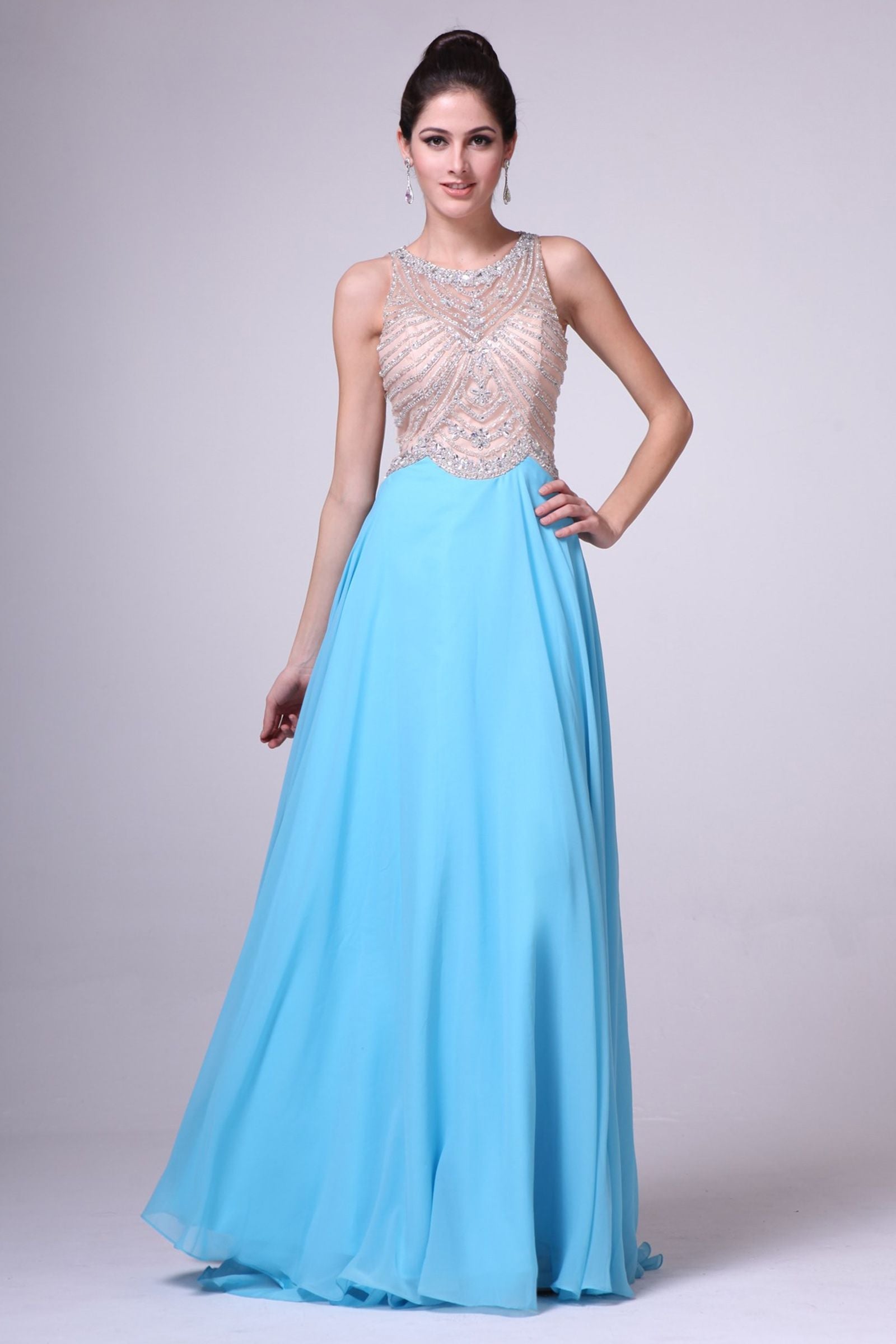 Prom Dresses Sequin Beaded A Line Long Formal Dress Sky Blue