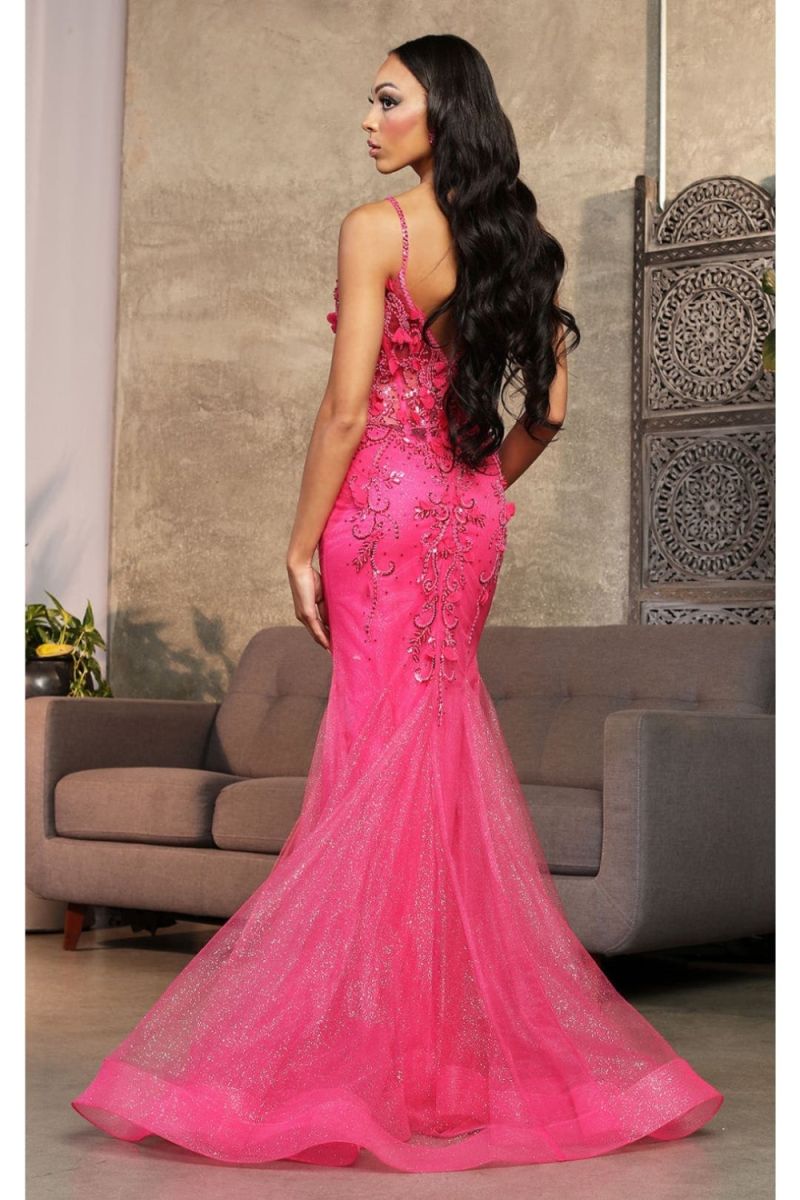 Fuchsia V-Neck Floor-Length Tulle Prom Dress May Queen RQ8030