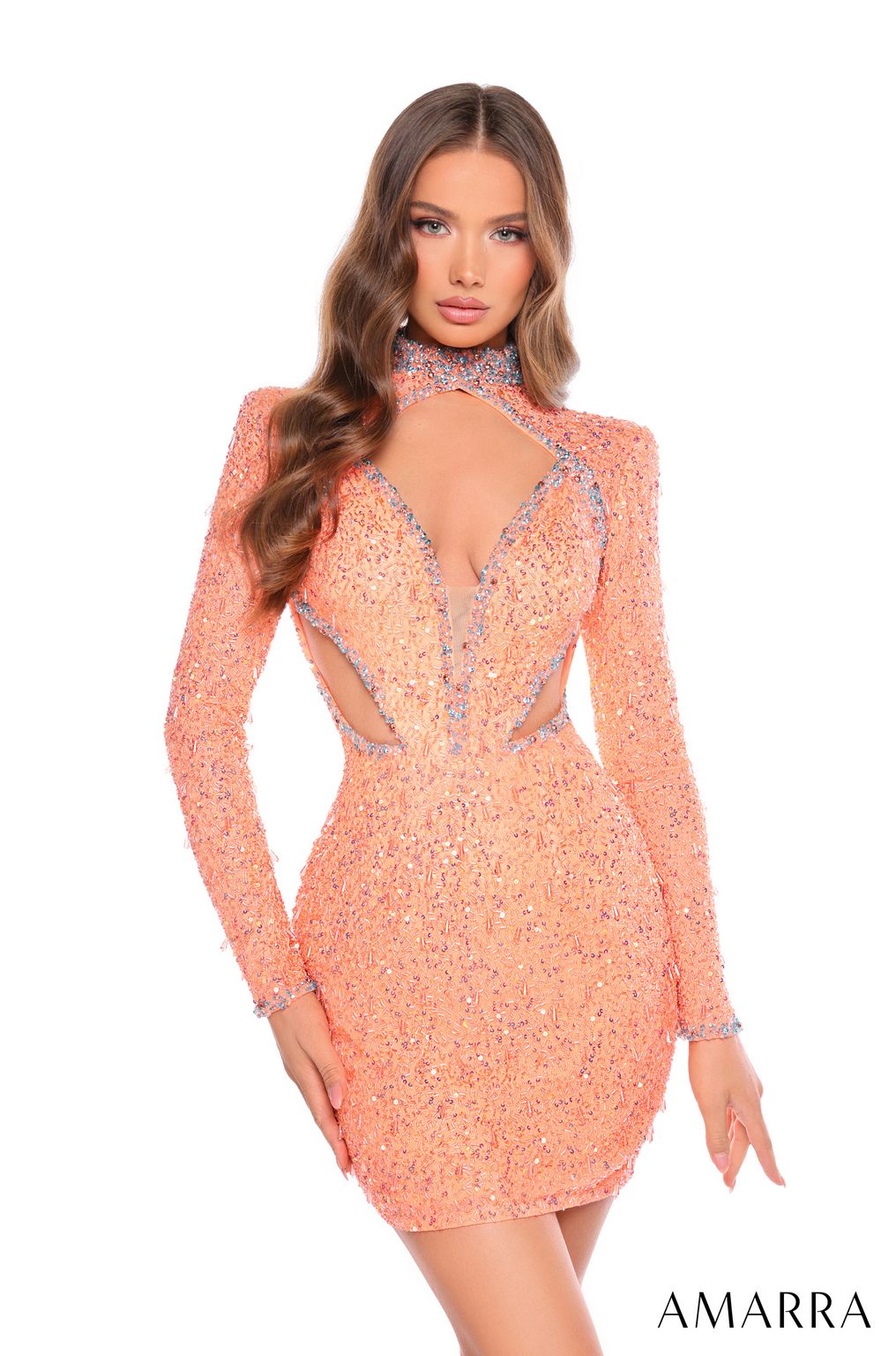 Amarra 88020 Fitted Long Sleeve Beaded Short Cocktail Dress