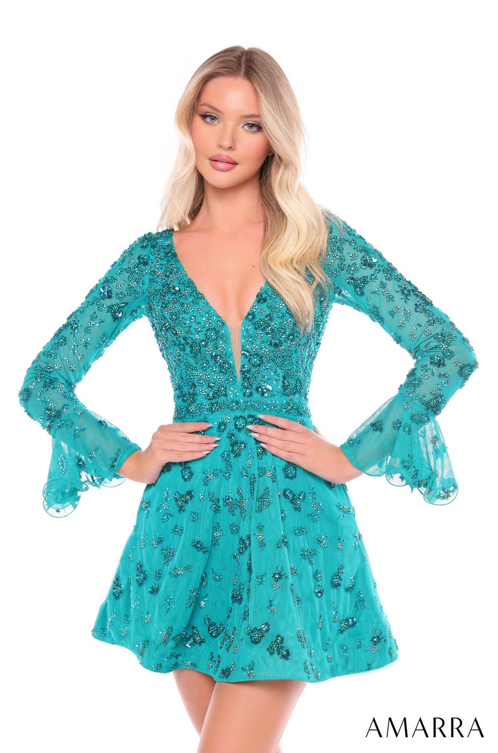 Amarra 88032 A Line Short Homecoming Long Sleeve Cocktail Dress