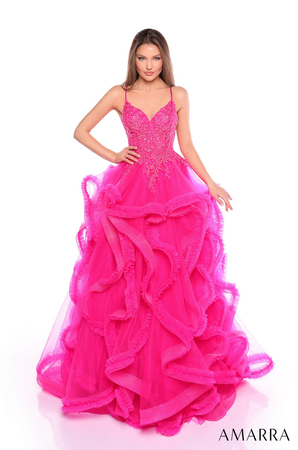 Prom Dresses Long Beaded Ruffle Prom Dress Fuchsia