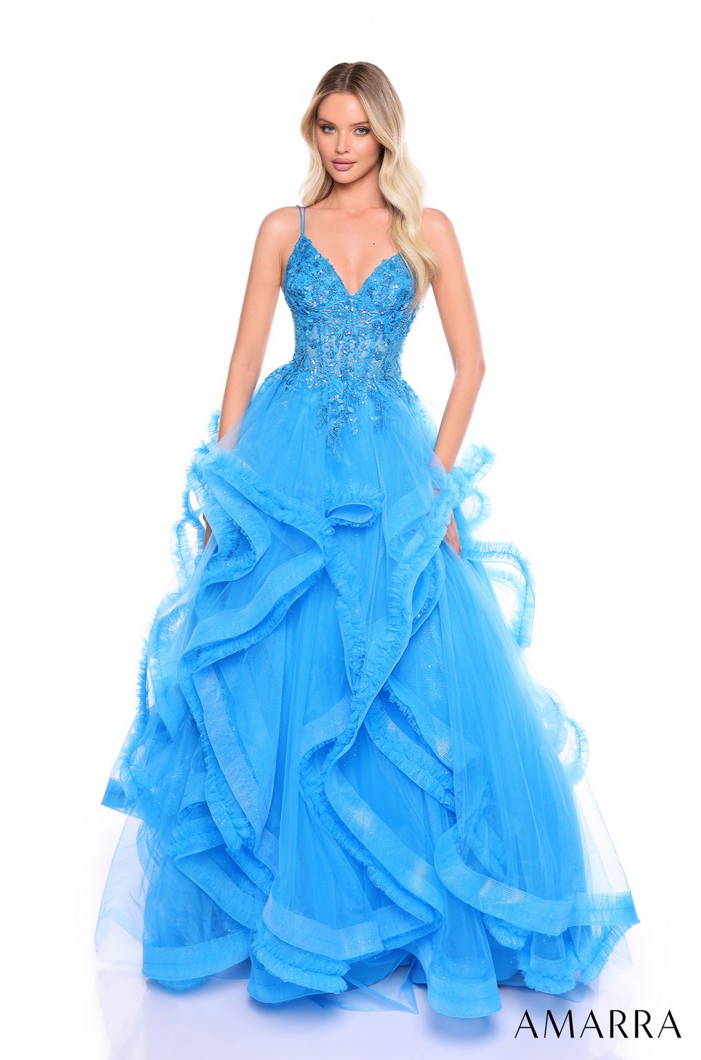 Amarra 88094 Long Beaded Ruffle Prom Dress