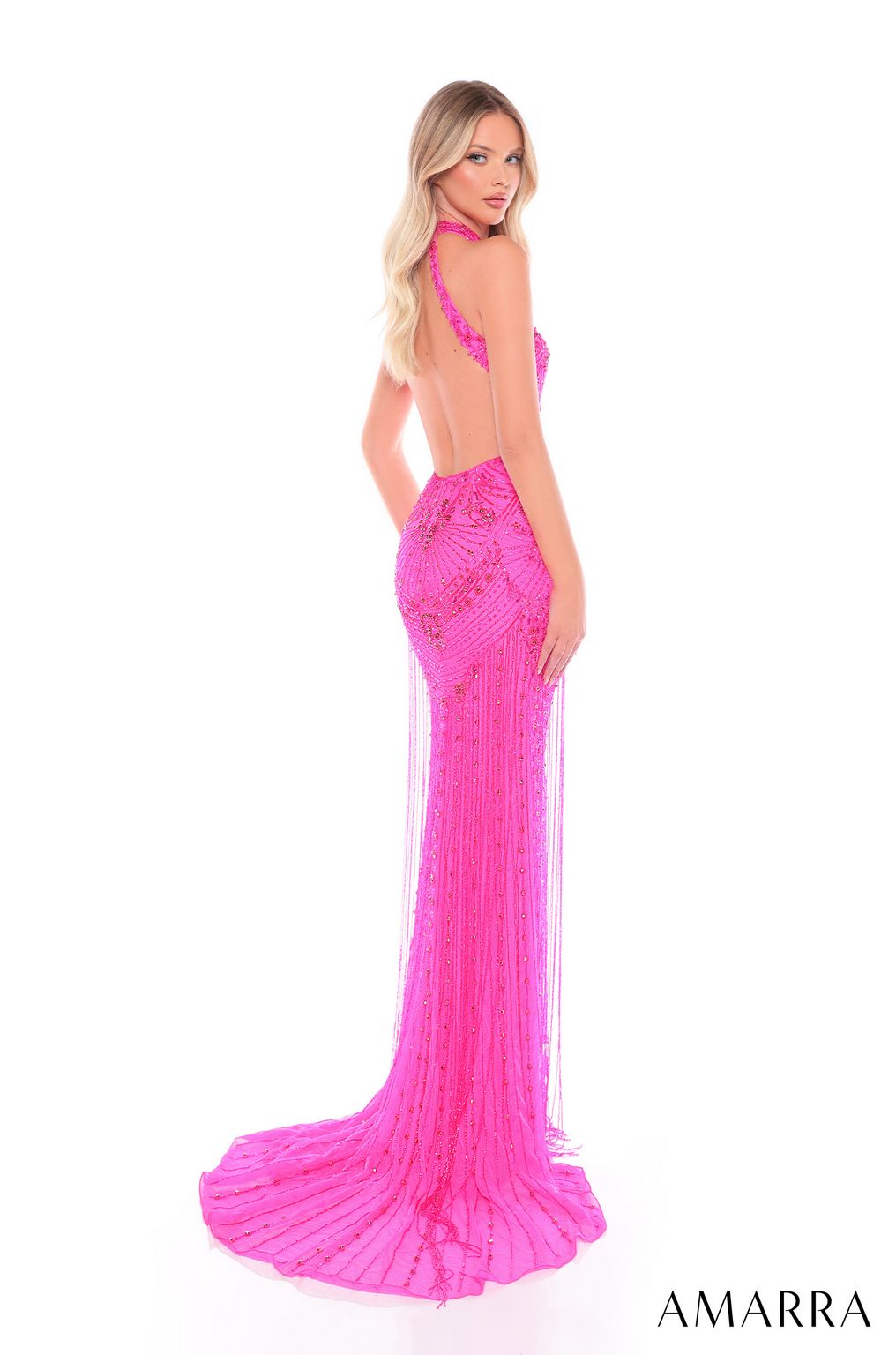 Prom Dresses Long Fitted Beaded Slit Prom Dress  Neon Pink/Bright Fuchsia/Red