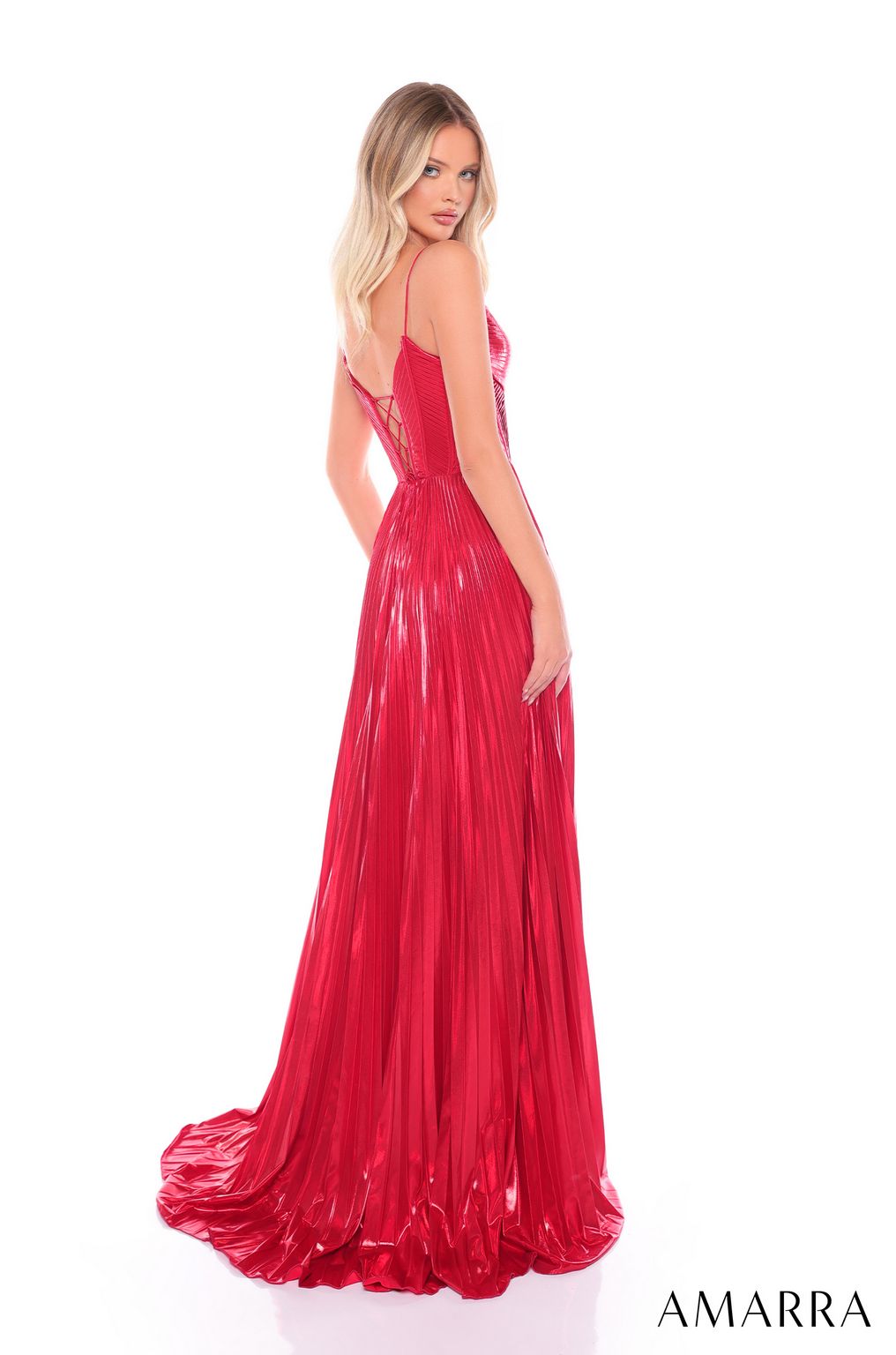 Amarra 88098 Long A Line Pleated Metallic Formal Prom Dress