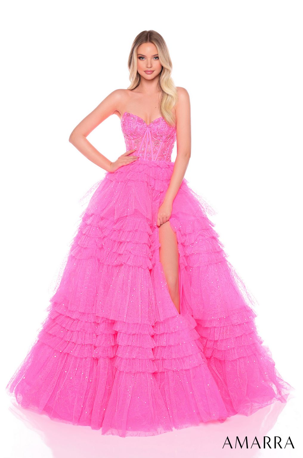 Prom Dresses Long Beaded A Line Ruffle Prom Dress Hot Pink