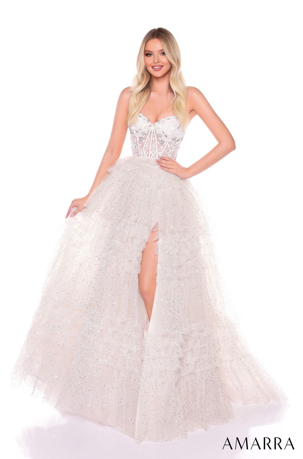 Prom Dresses Long Beaded A Line Ruffle Prom Dress Ivory/Silver