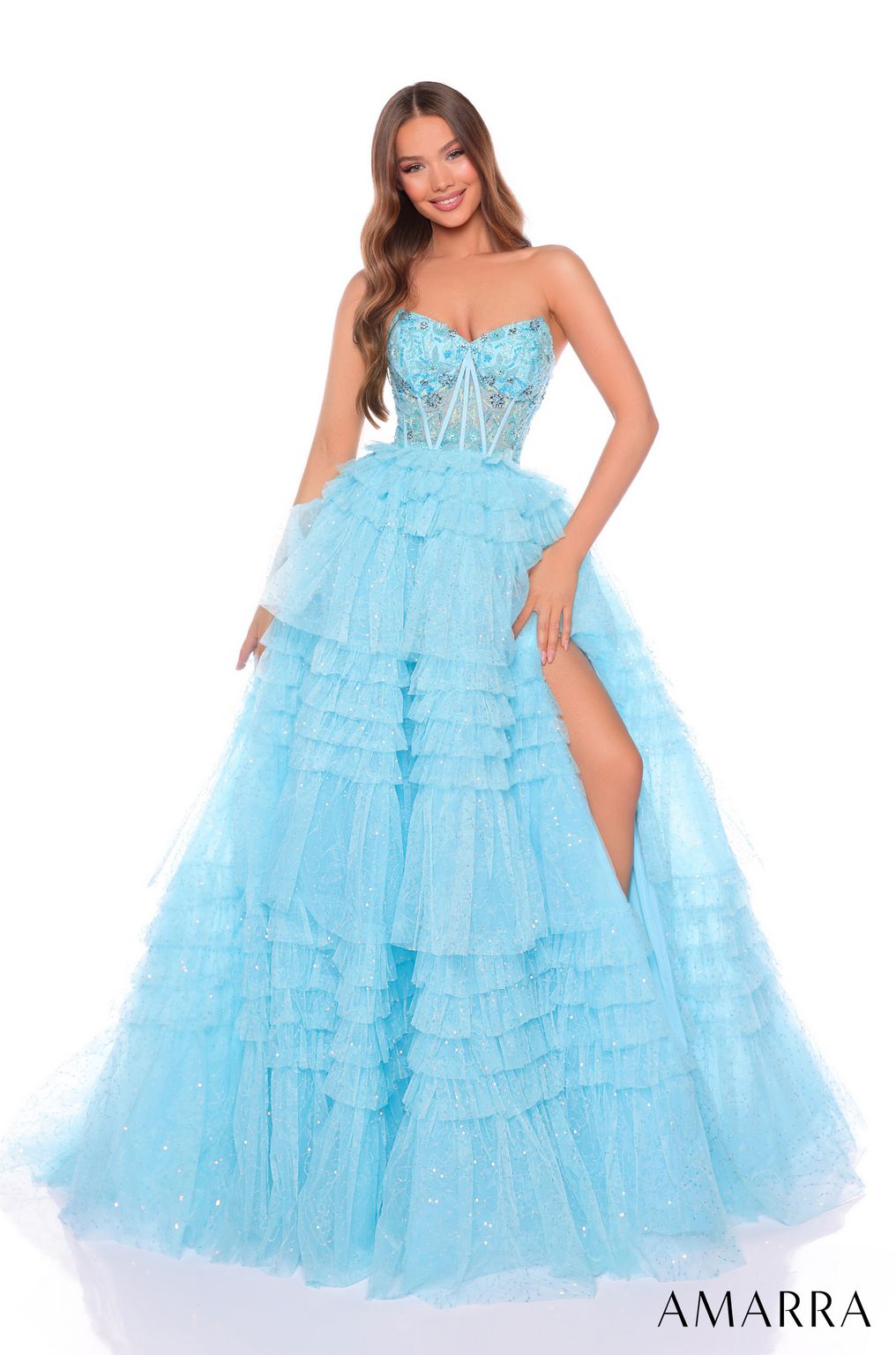 Prom Dresses Long Beaded A Line Ruffle Prom Dress Light Blue