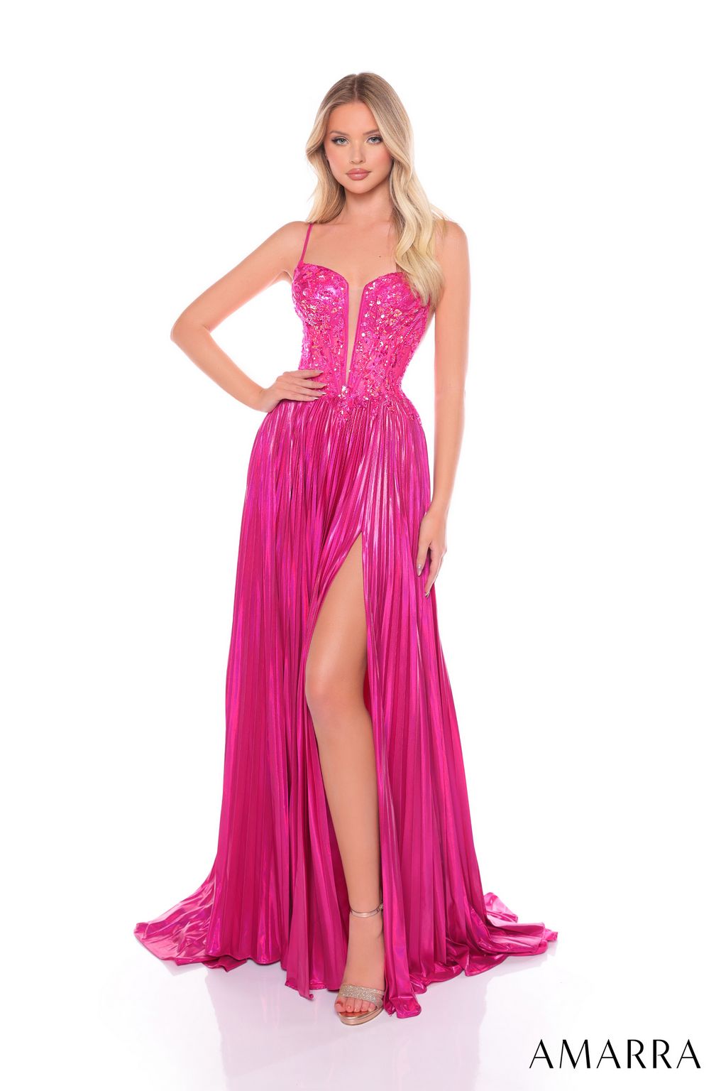 Amarra 88113 Pleated Long Formal Metallic Prom Dress