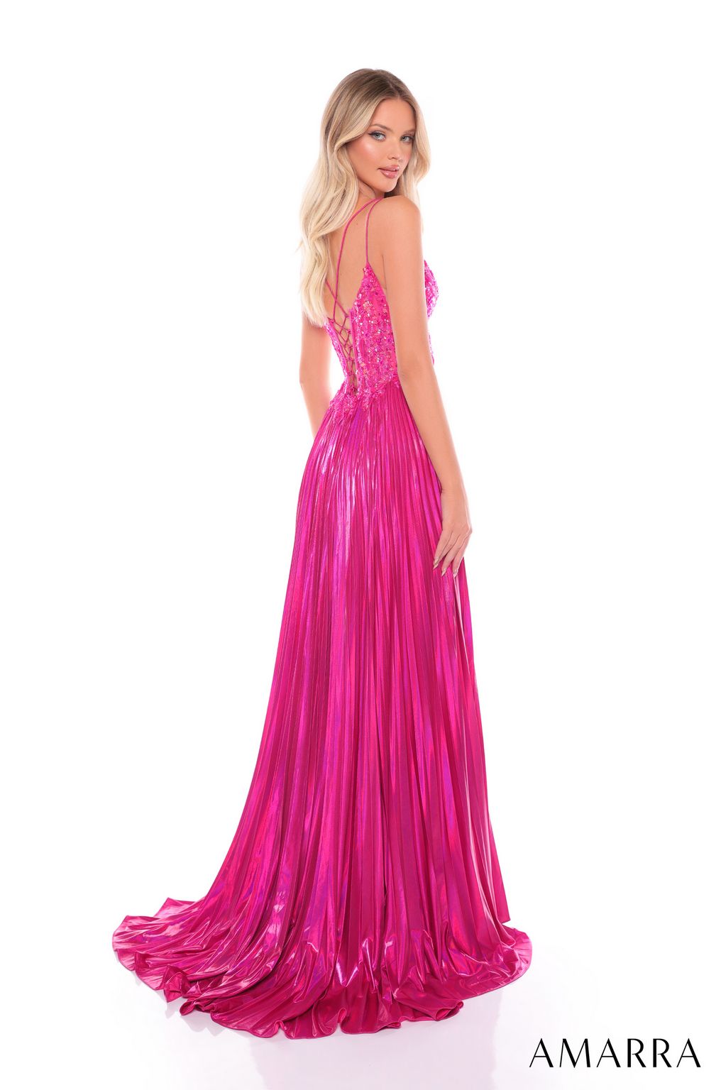 Amarra 88113 Pleated Long Formal Metallic Prom Dress