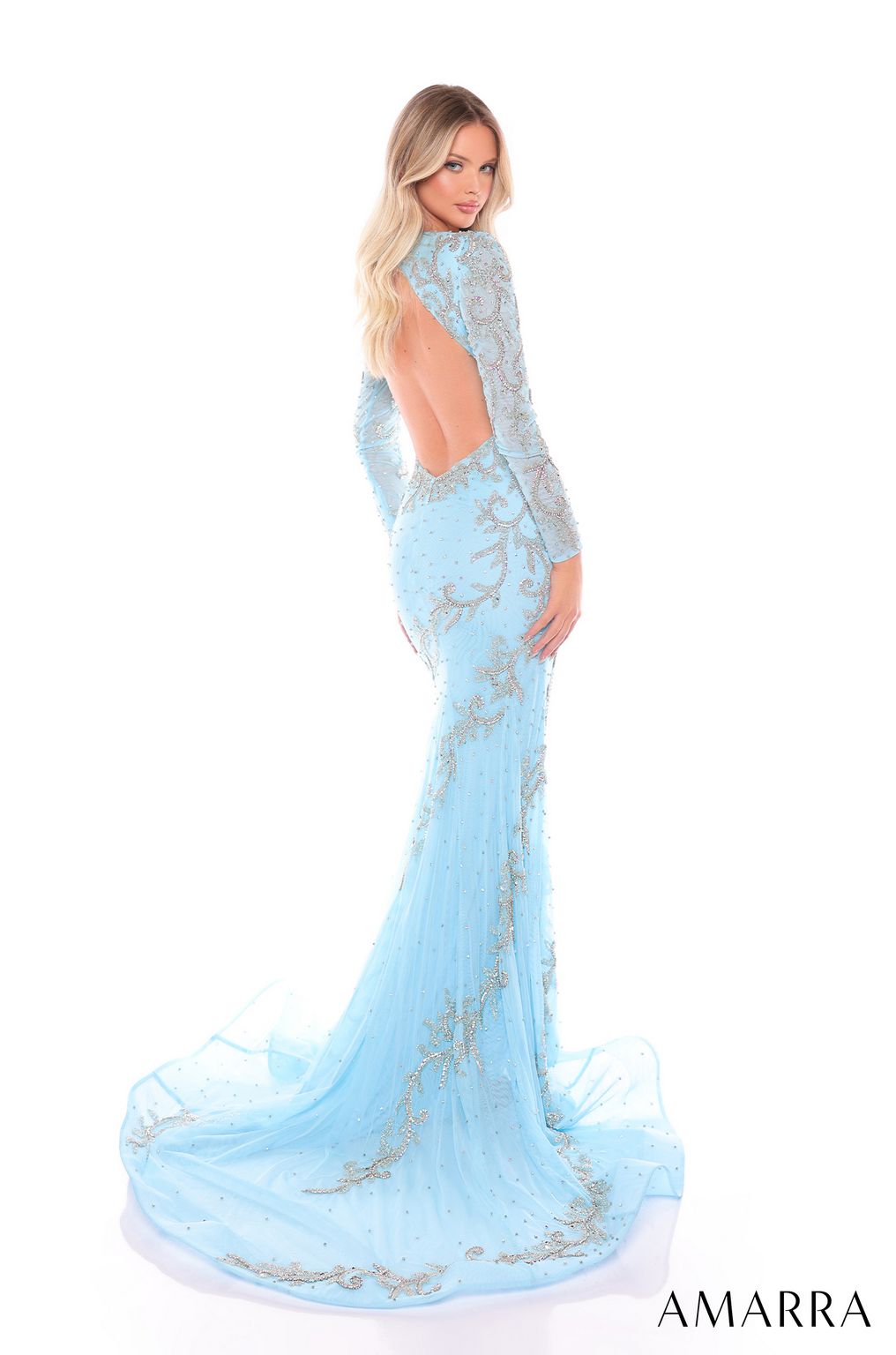 Prom Dresses Beaded Long Sleeve Mermaid Formal Prom Dress Light Blue/Silver