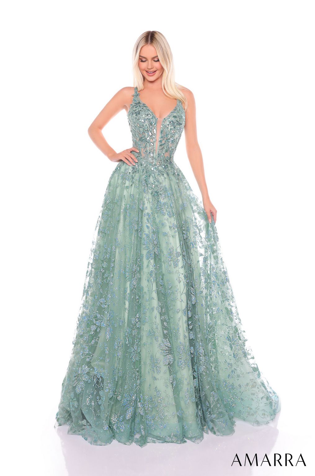 Amarra 88126 Formal Long Floral A Line Prom Dress - Avocado / 00 Amarra 88126 Formal Long Floral A Line Prom Dress - Avocado / 00