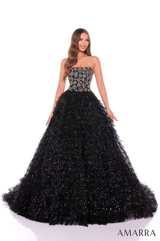 Prom Dresses Long Beaded A-Line Tiered Prom Dress Black/Gold