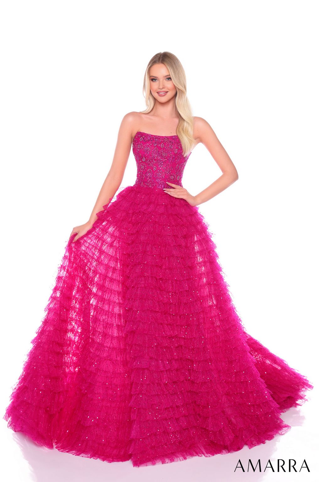 Prom Dresses Long Beaded A Line Tiered Prom Dress Bright Fuchsia