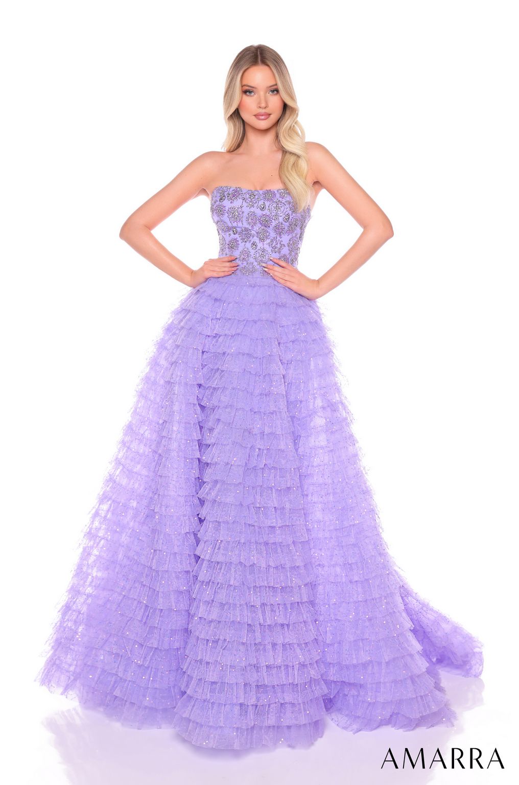 Amarra 88129 Long Beaded A Line Tiered Formal Prom Dress