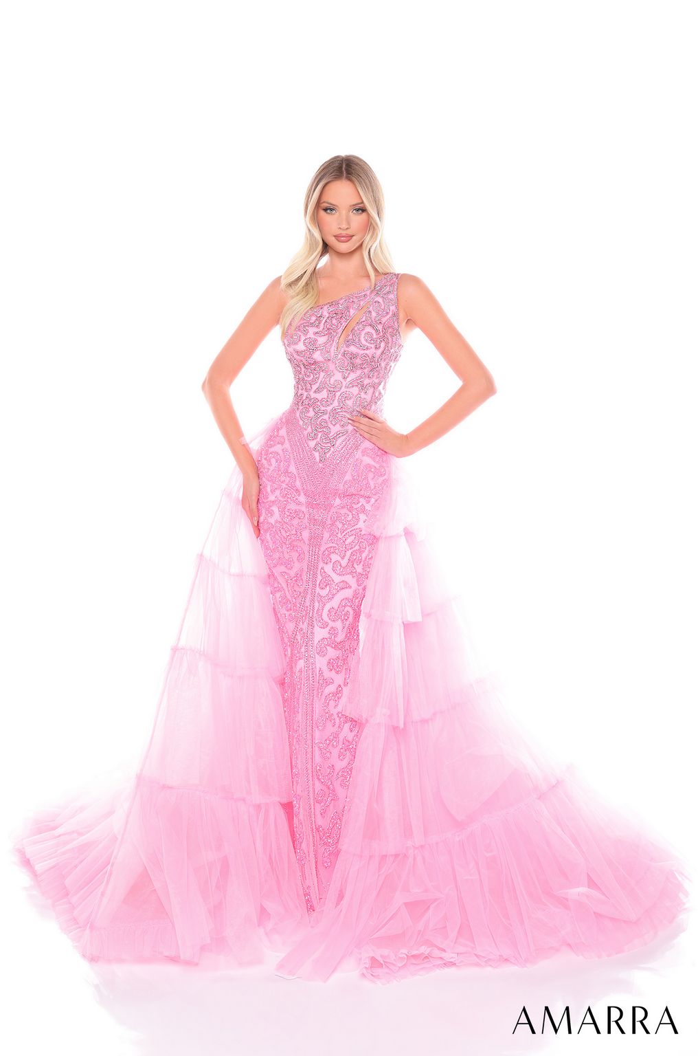 Prom Dresses Long Beaded Tiered Mermaid Prom Dress Candy Pink