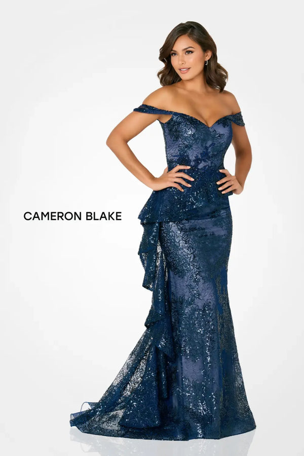 Cameron Blake CB791 Long Formal Ruffle Sequin Evening Mermaid Dress