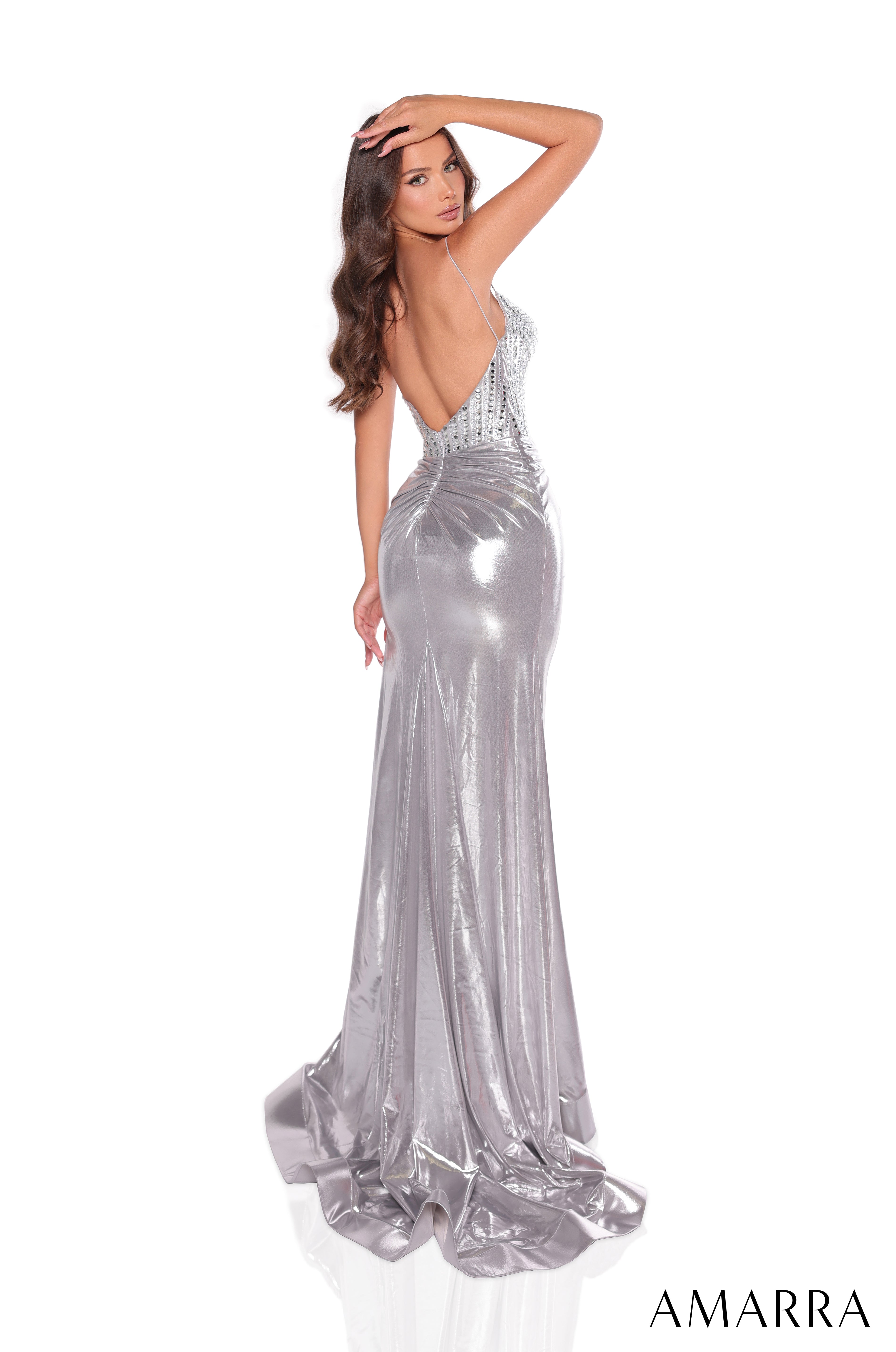 Prom Dresses Fitted Prom Long Beaded Metallic Formal Dress Silver