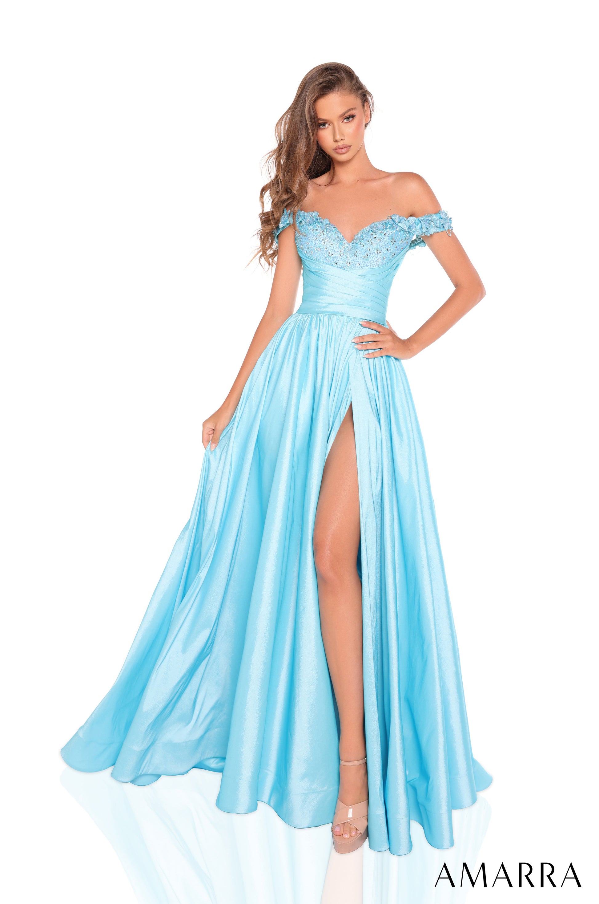 Amarra 88213 Long Ball Gown 3D Floral Applique Slit Prom Dress