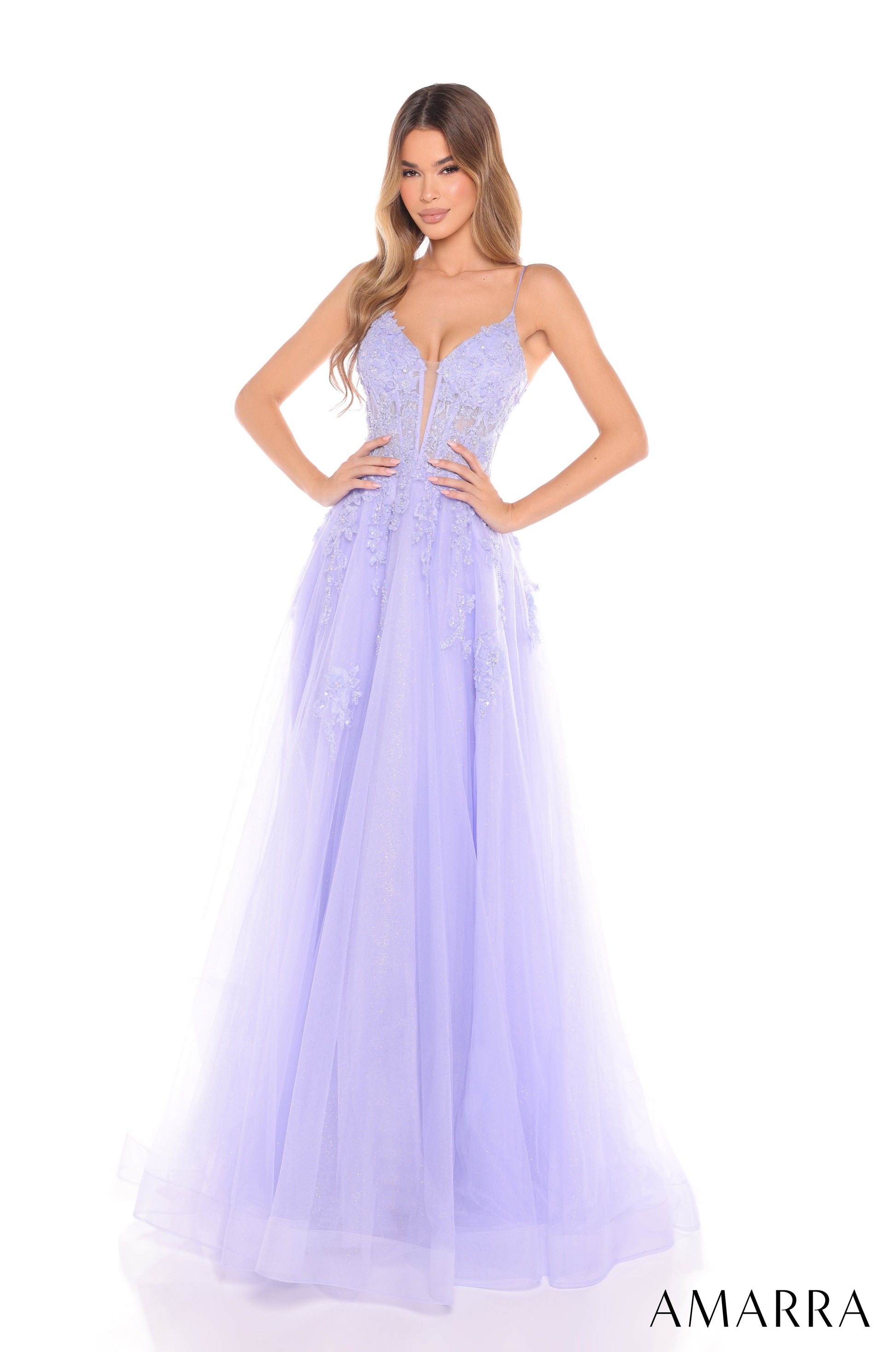 Amarra 88253 A Line Long Formal Glitter Applique Prom Dress