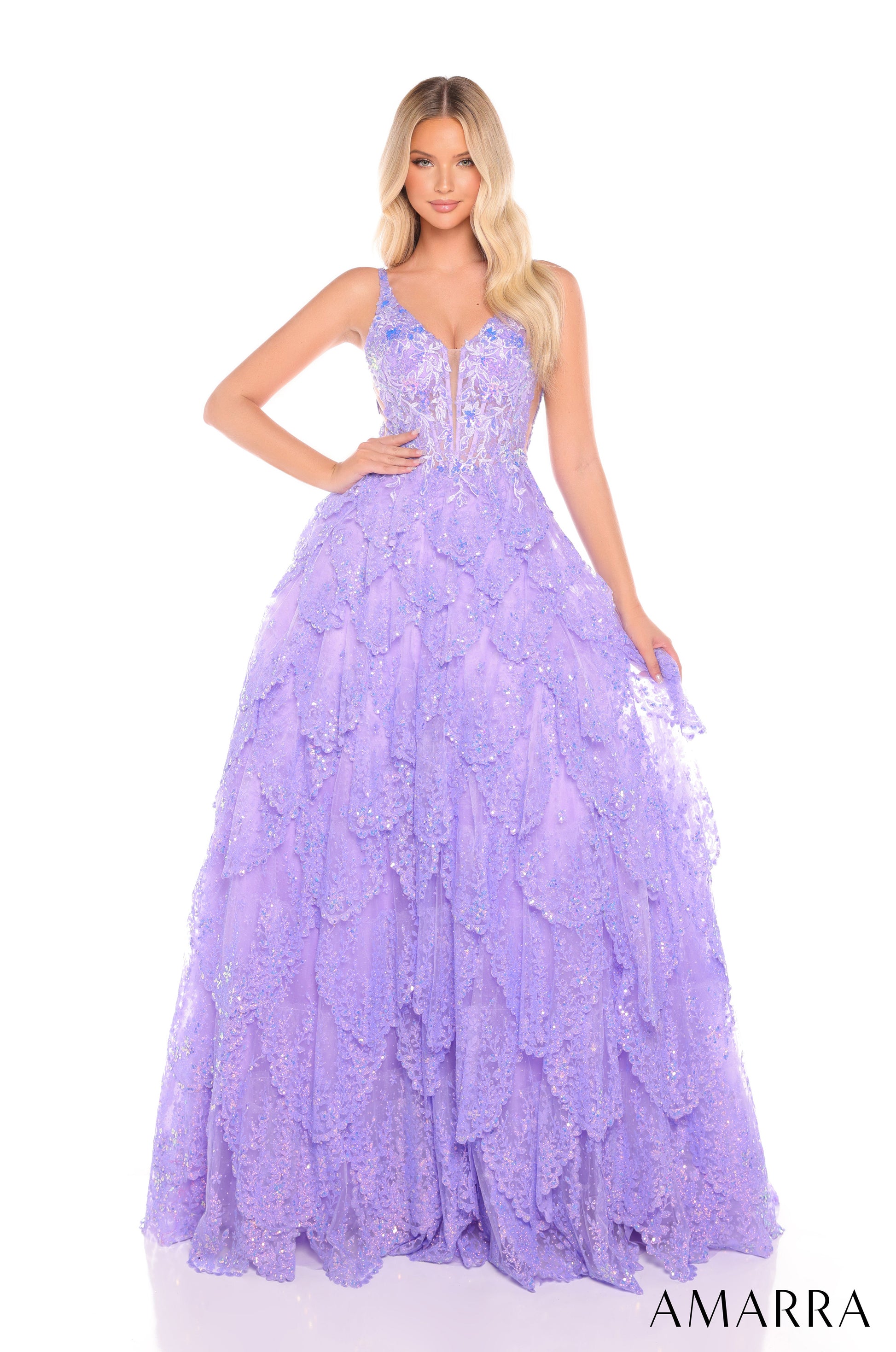 Amarra 88265 Prom Glitter A Line Long Tiered Formal Dress