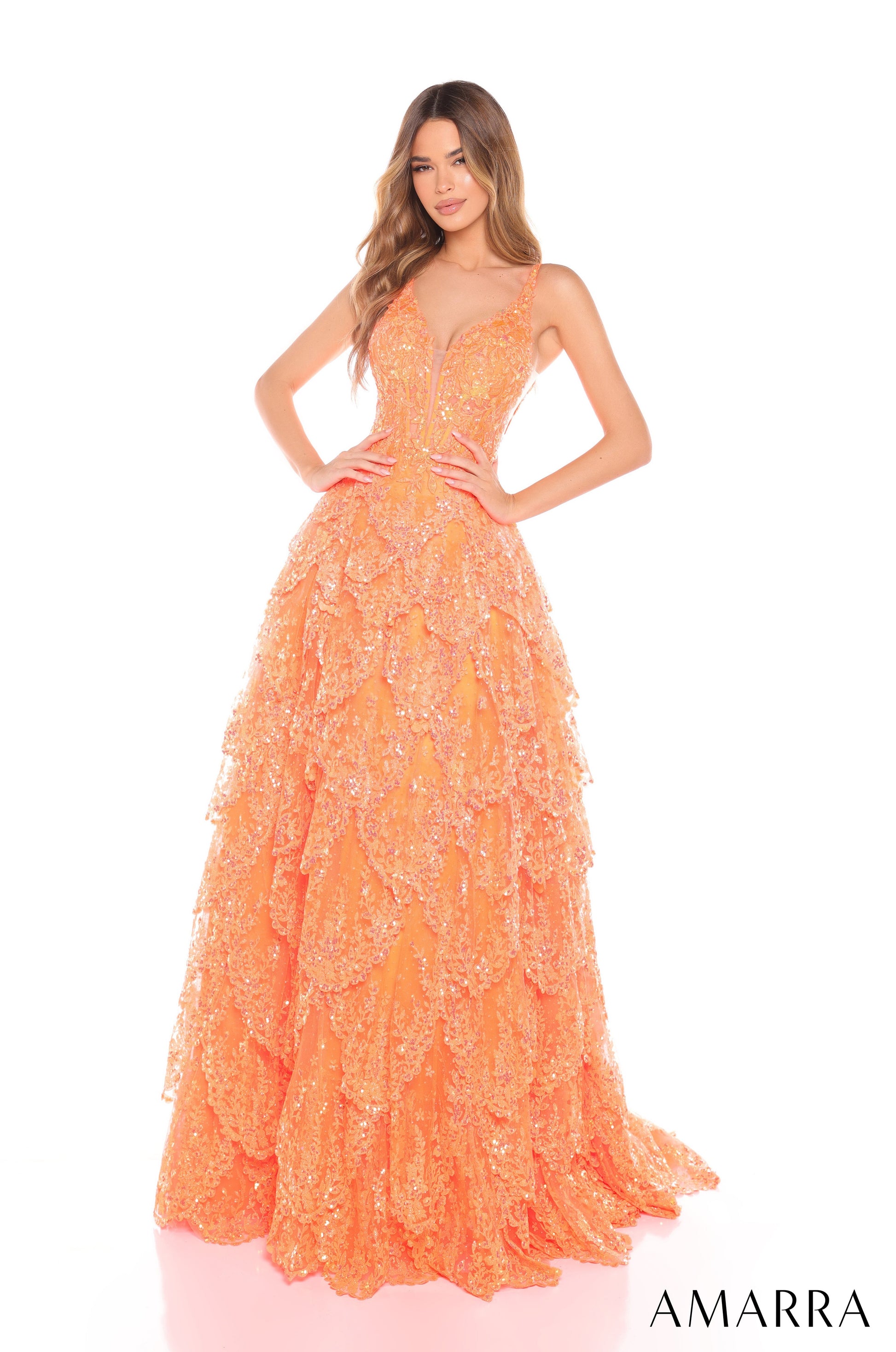 Amarra 88265 Prom Glitter A Line Long Tiered Formal Dress