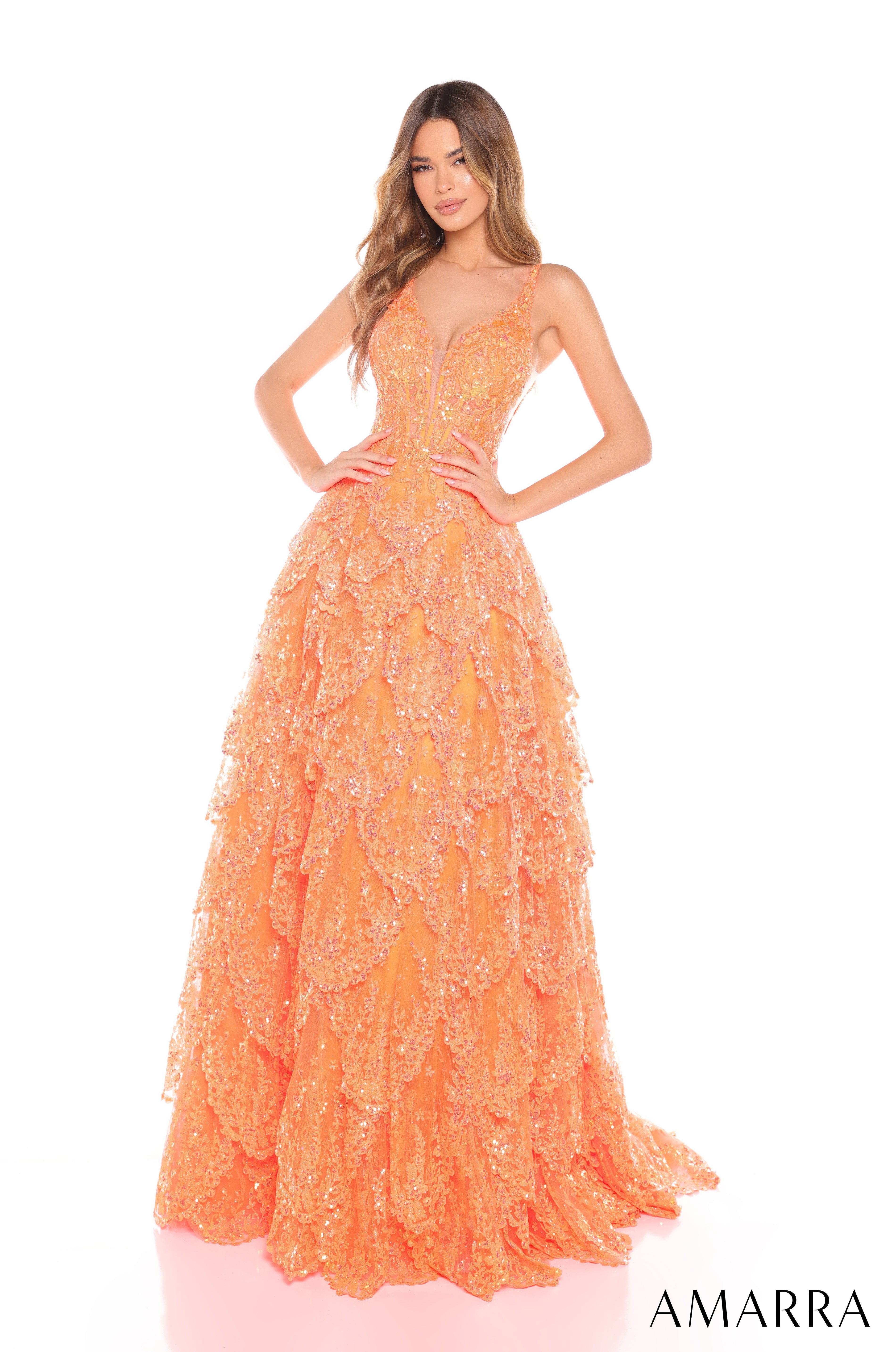 Prom Dresses Prom Glitter A Line Long Tiered Formal Dress Orange
