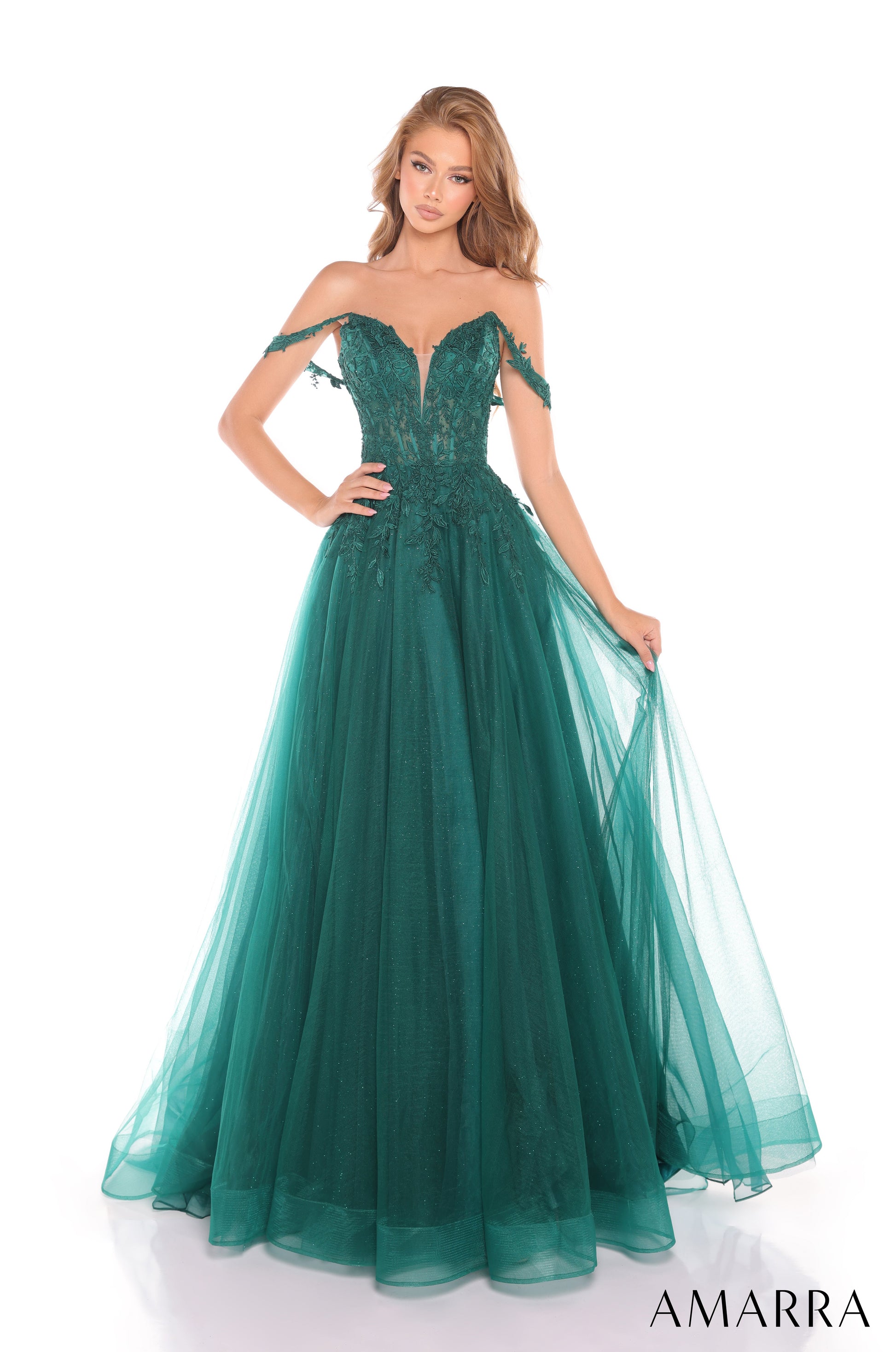 Amarra 88287 Long Prom A Line Formal Floral Glitter Dress