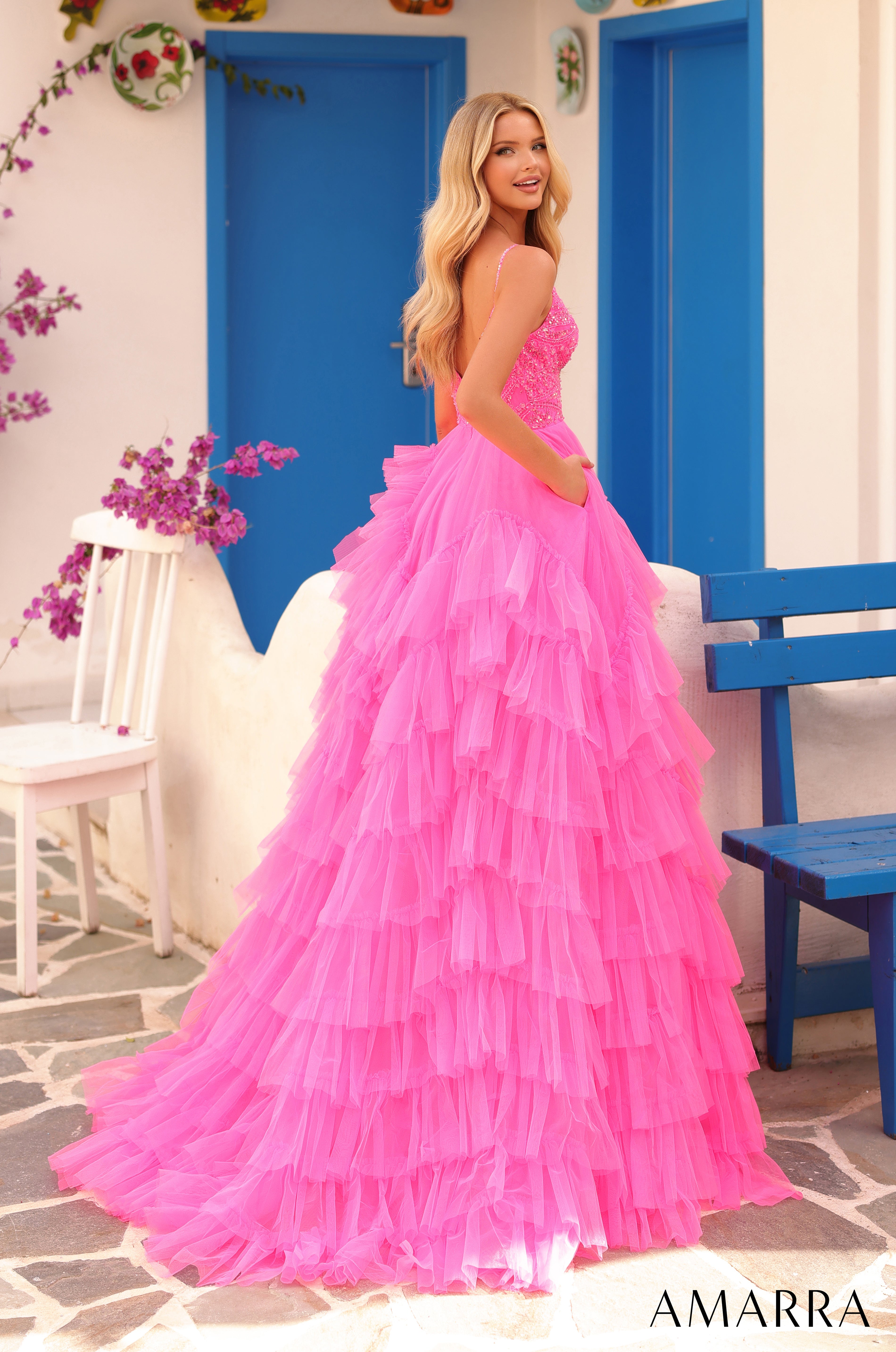 Prom Dresses Beaded Ball Gown Ruffle Prom Pocket Dress 
Hot Pink/Electric Pink