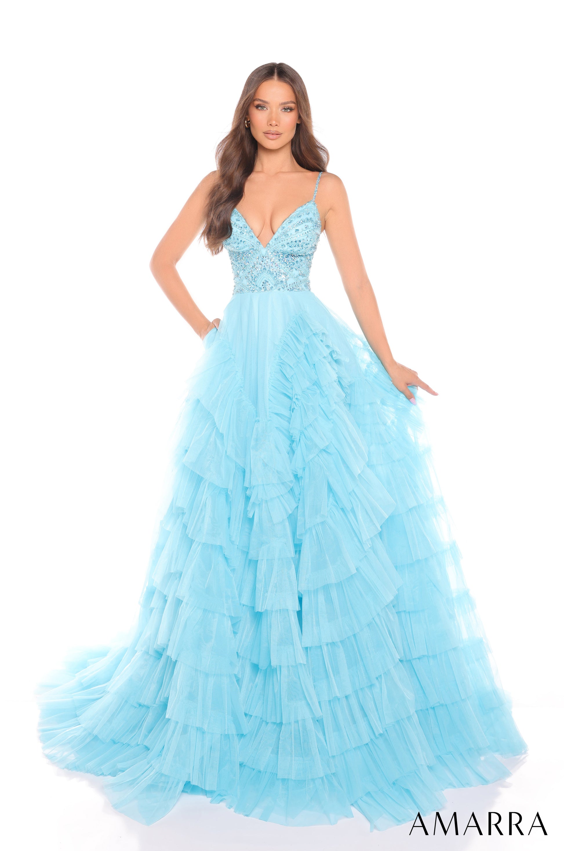 Amarra 88296 Beaded Ball Gown Ruffle Prom Pocket Dress