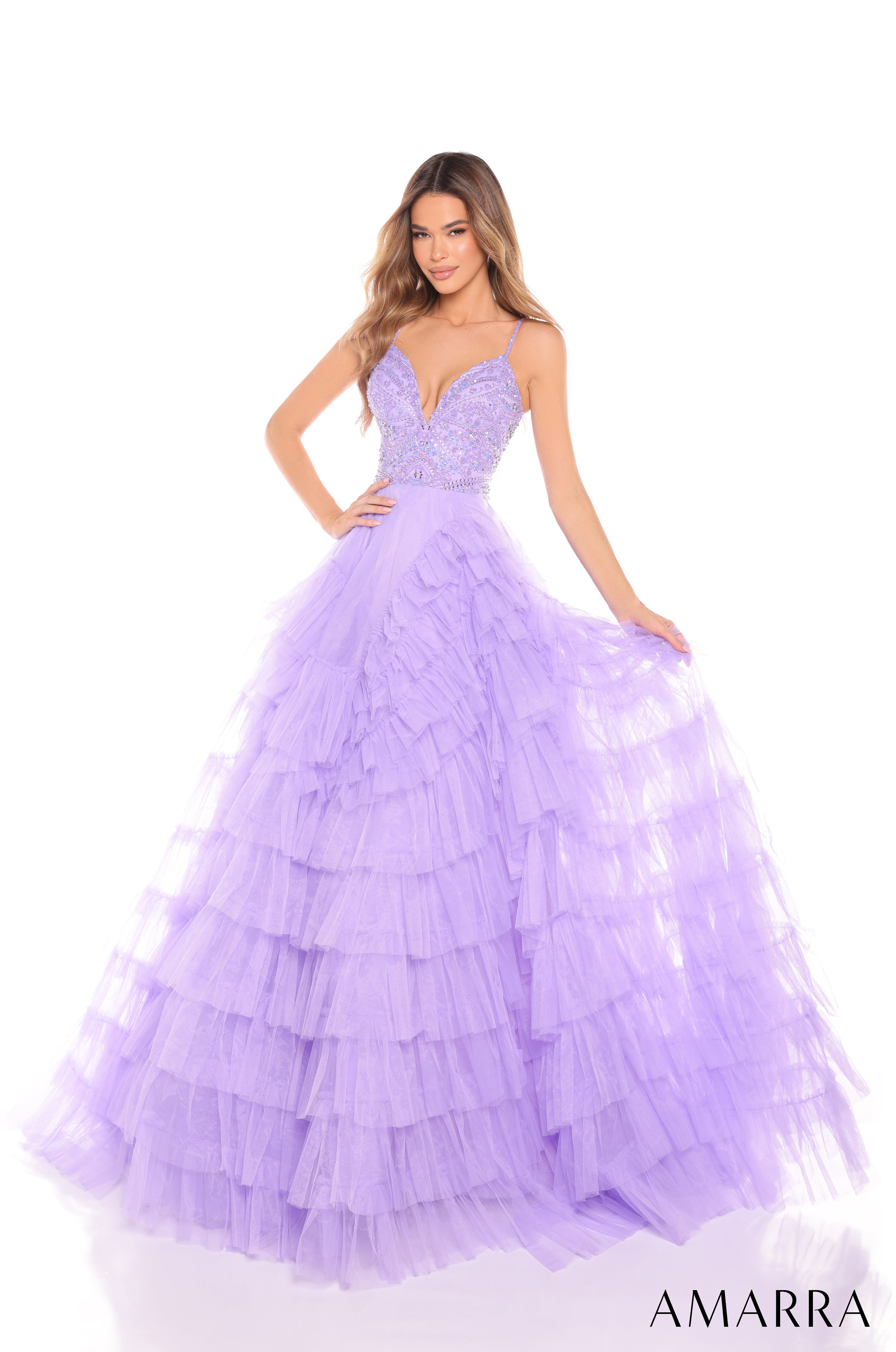 Prom Dresses Beaded Ball Gown Ruffle Prom Pocket Dress Lilac