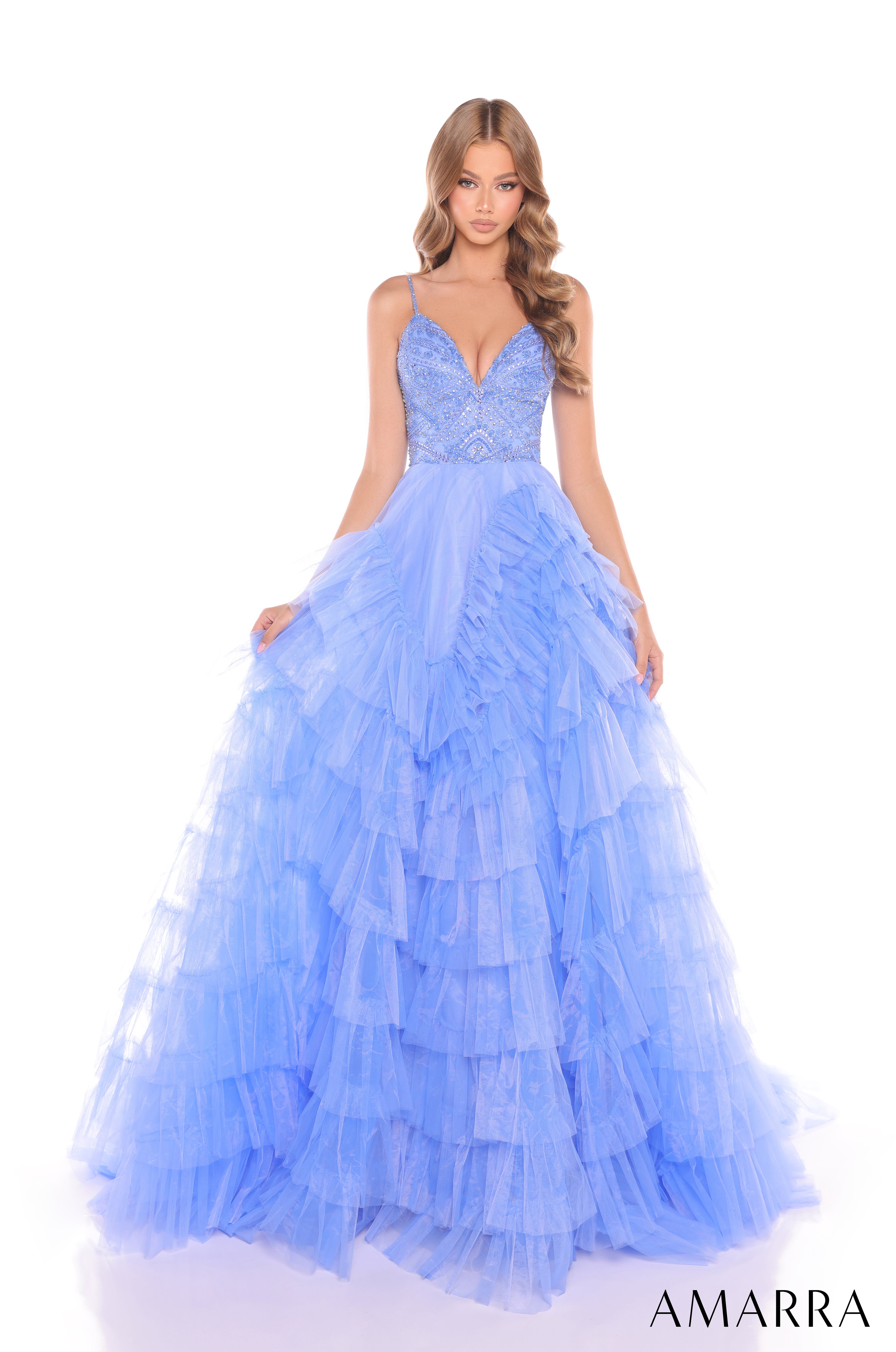 Prom Dresses Beaded Ball Gown Ruffle Prom Pocket Dress Periwinkle