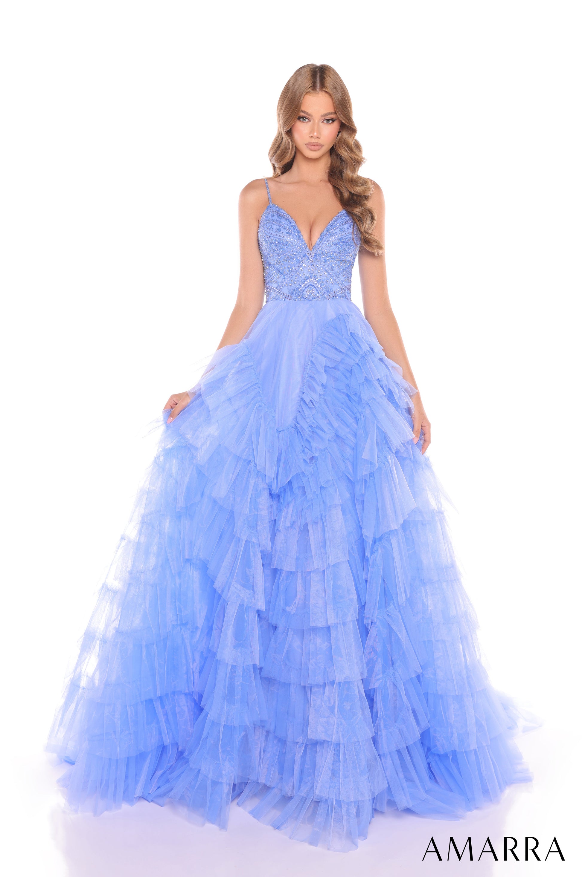 Amarra 88296 Beaded Ball Gown Ruffle Prom Pocket Dress
