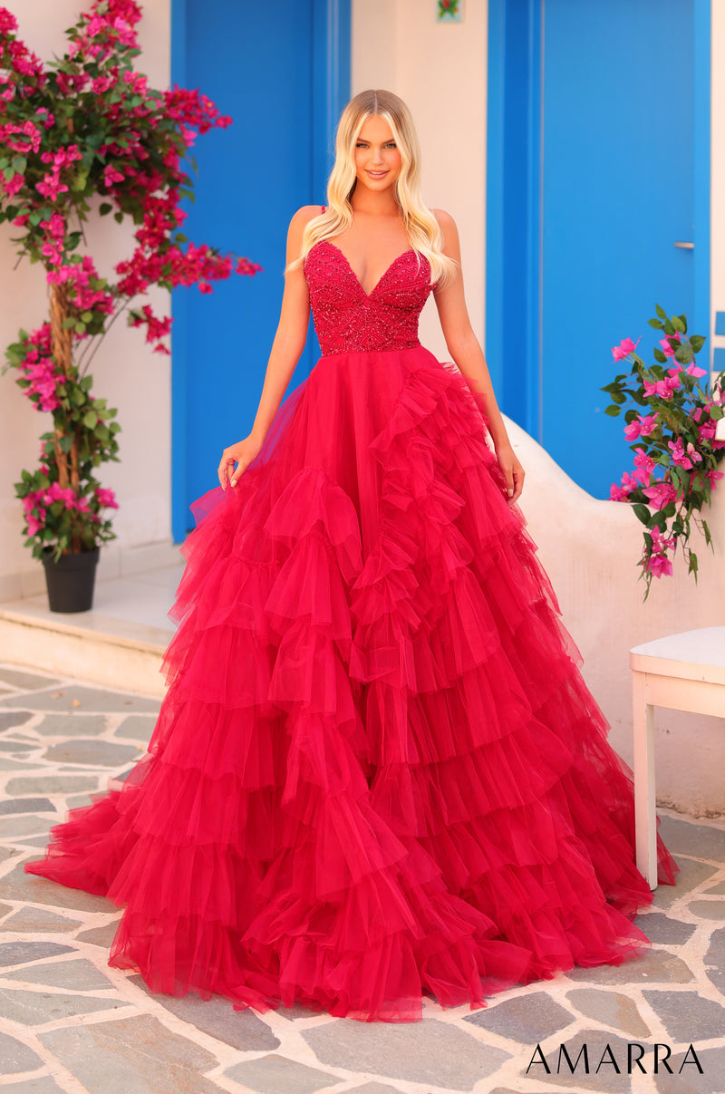 Amarra 88296 Beaded Ball Gown Ruffle Prom Pocket Dress