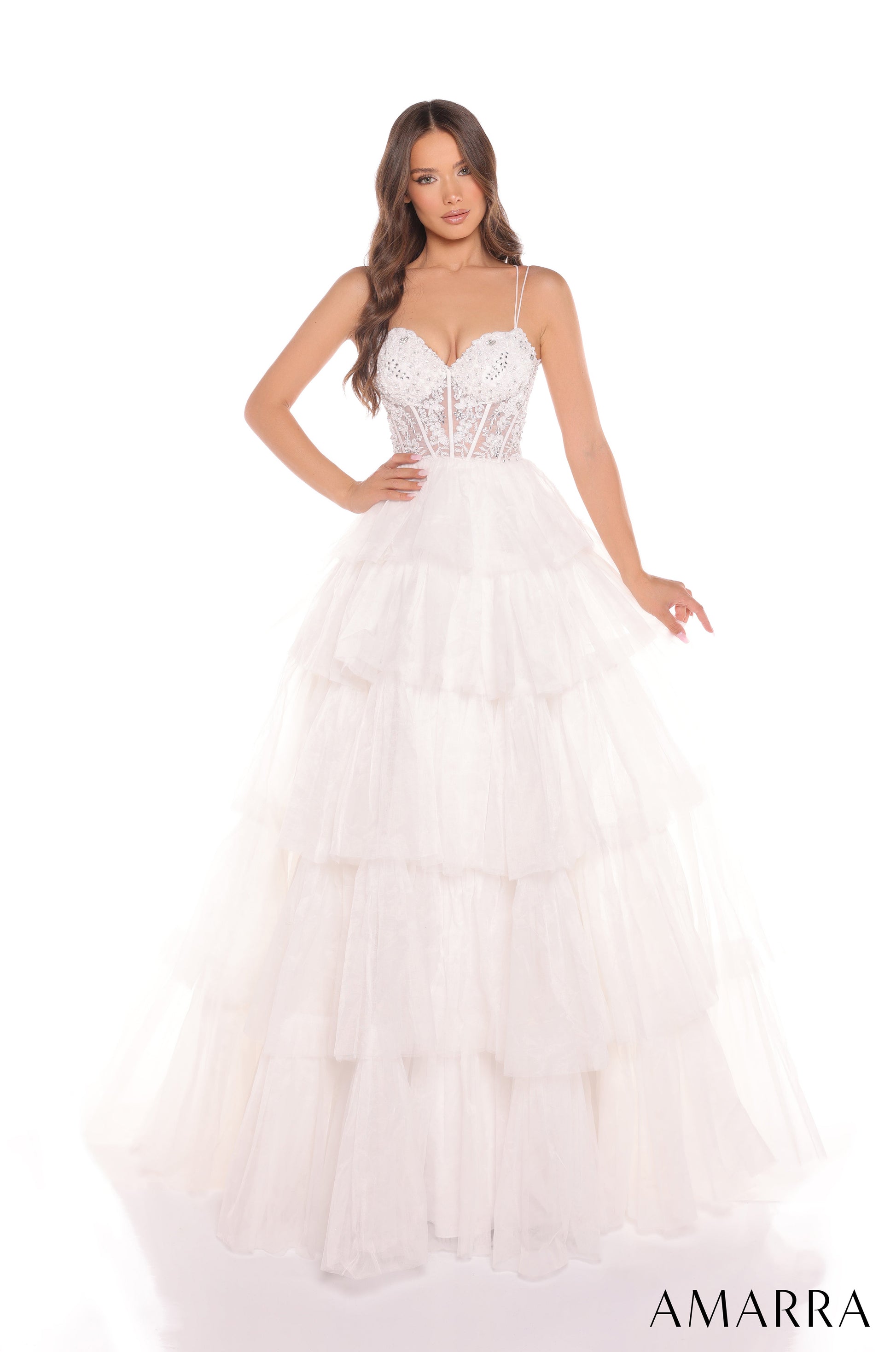 Amarra 88345 Beaded Long Ball Gown Formal Ruffle Prom Dress