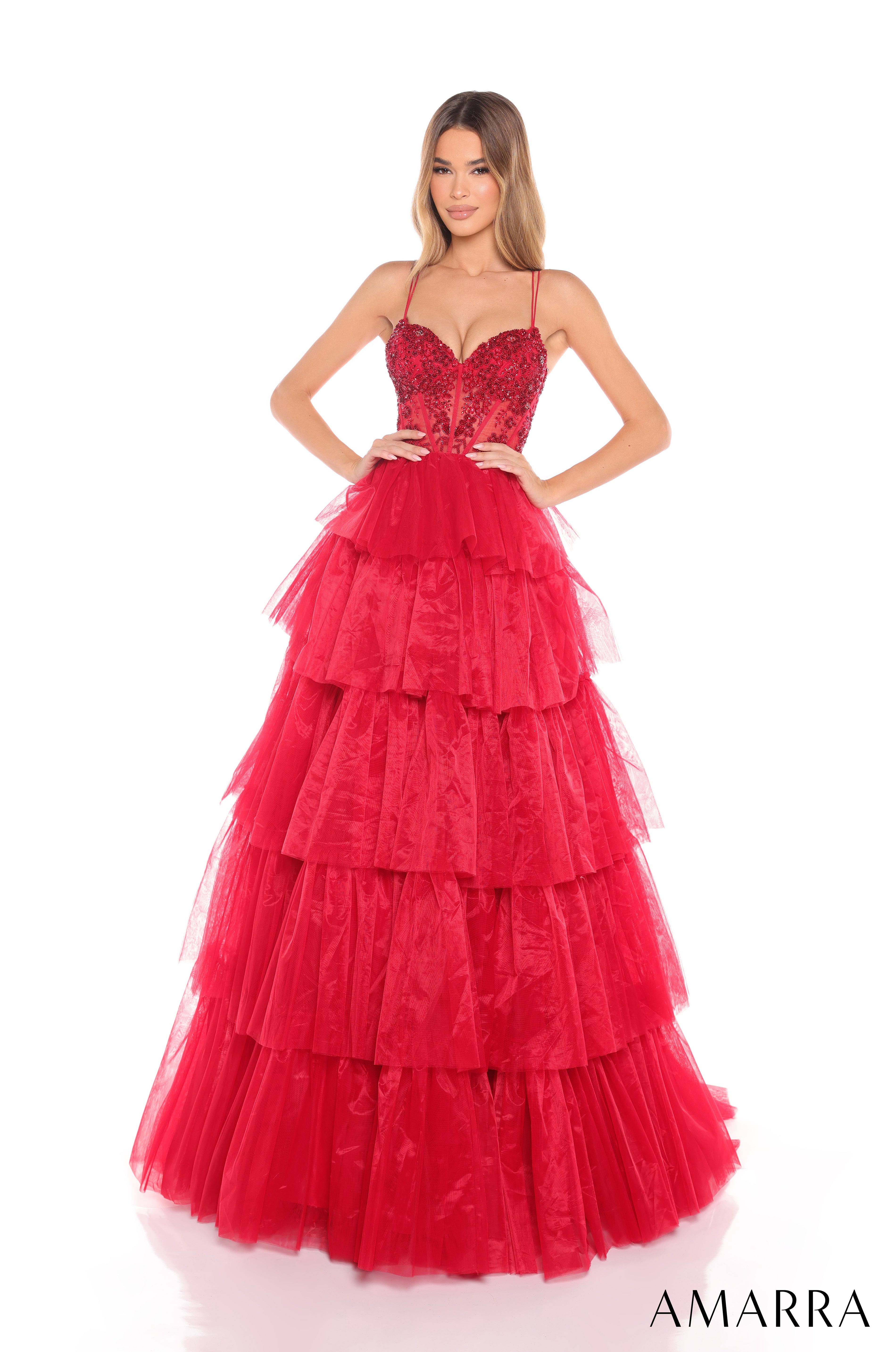 Prom Dresses Beaded Long Ball Gown Formal Ruffle Prom Dress Red